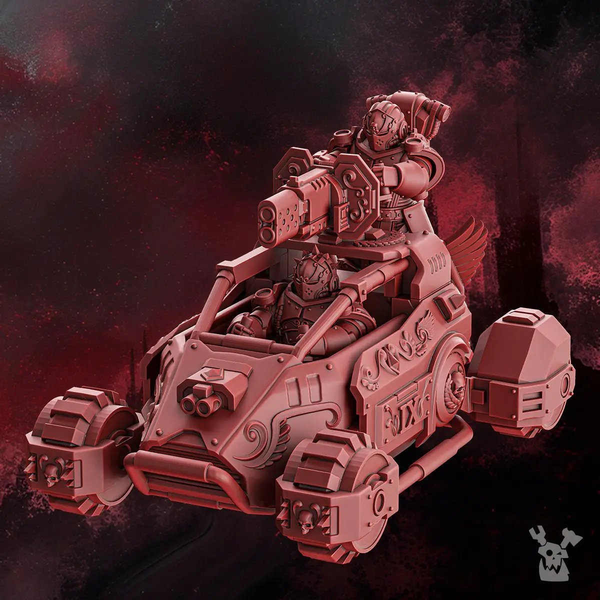 3D printed Crimson Wings Buggy model by DakkaDakka Miniatures, detailed Last Hope Miniatures sci-fi vehicle with vibrant red wings.