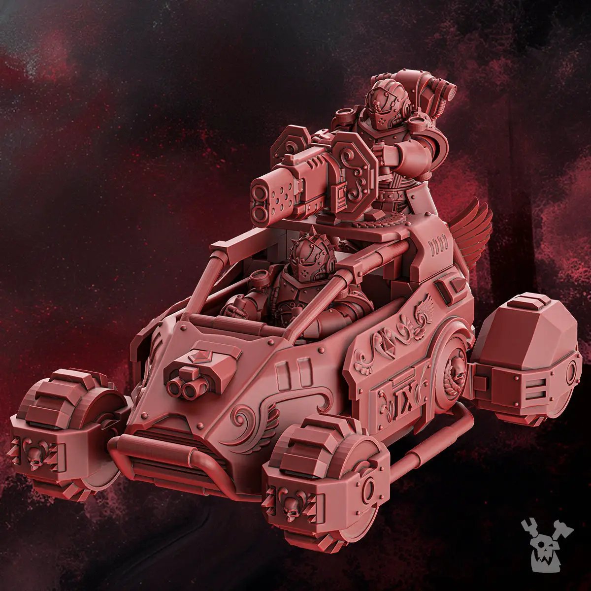 3D printed Crimson Wings Buggy model by DakkaDakka Miniatures, detailed vehicle with red wings for tabletop gaming.