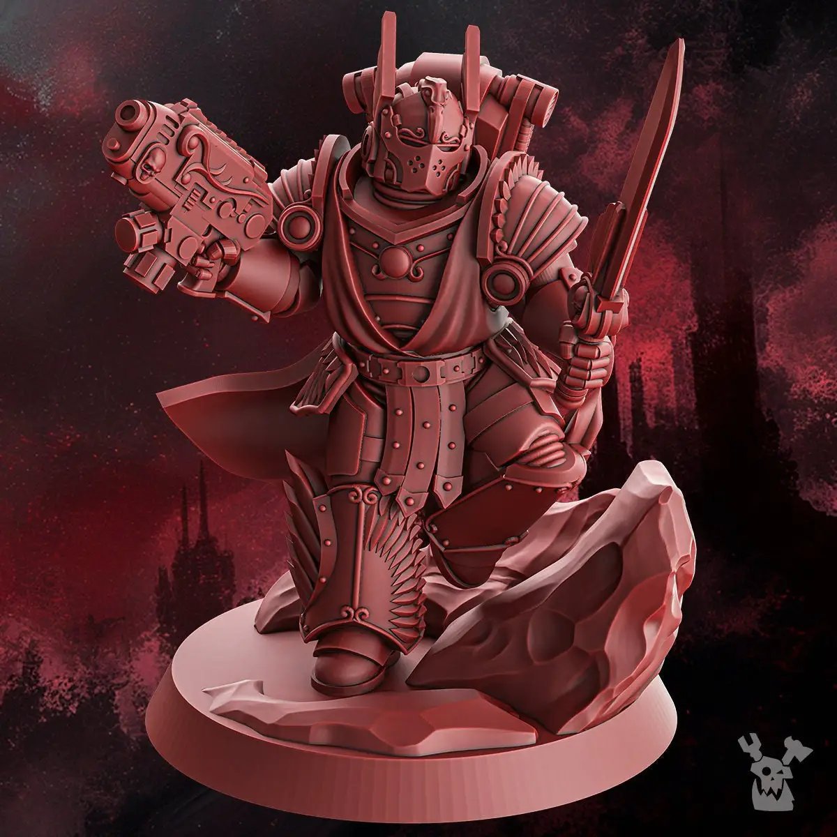 3D printed Crimson Wings Captain model by DakkaDakka Miniatures, featuring detailed wings and armor in vibrant crimson color.