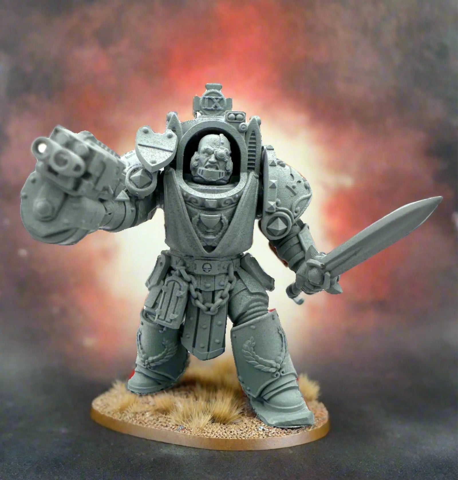 3D printed Crimson Wings Captain model in destroyer armor by Last Hope Miniatures, detailed with intricate armor and weapon features.