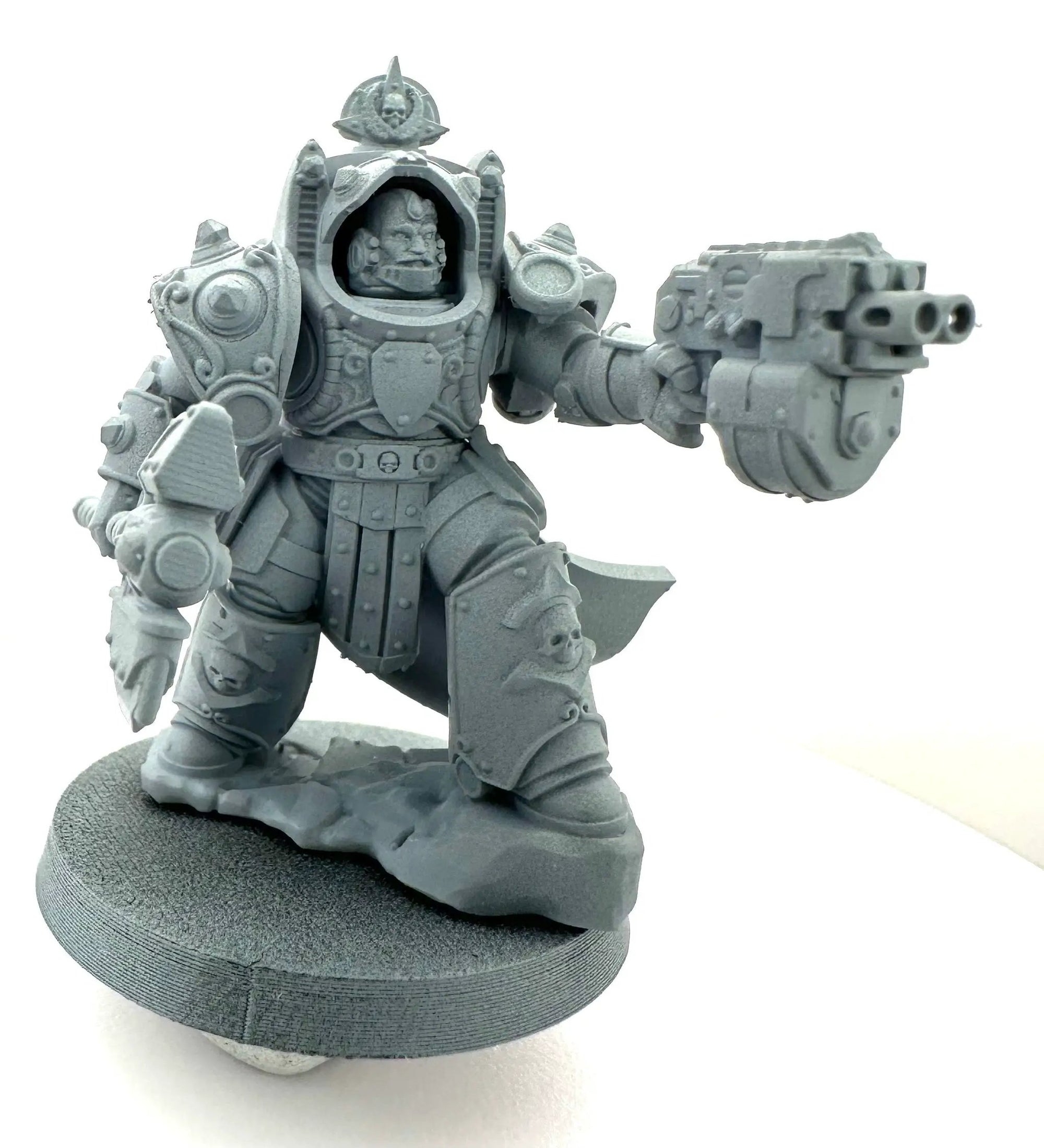 3D printed Crimson Wings Curator model in Destroyer Armor by Last Hope Miniatures, featuring intricate armor details and dynamic pose.