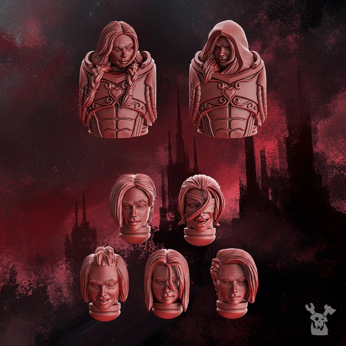 3D printed Crimson Wings female heads and bodies model by Last Hope Miniatures, featuring detailed fantasy character parts.
