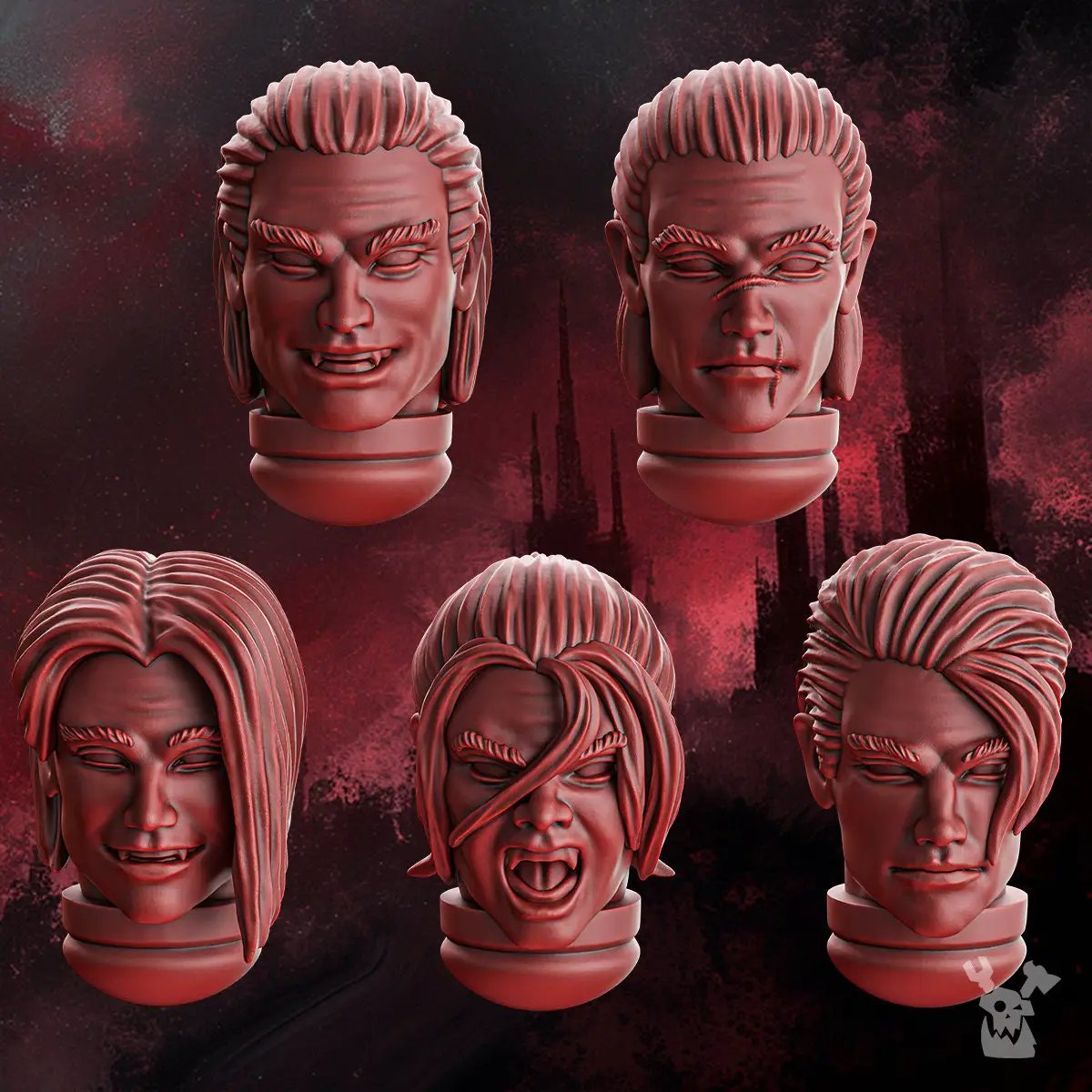3D printed Crimson Wings Handsome Heads set by Last Hope Miniatures, featuring detailed model heads with crimson wing design.