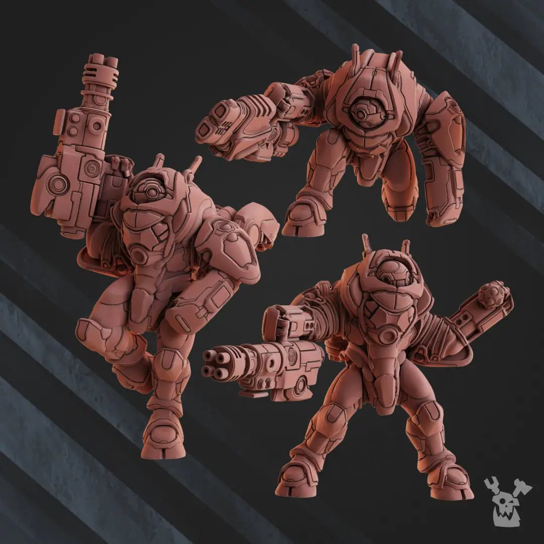 Three 3D printed Cyber Ghosts Squad models by Last Hope Miniatures for DakkaDakka, featuring detailed sci-fi figures on a white background.