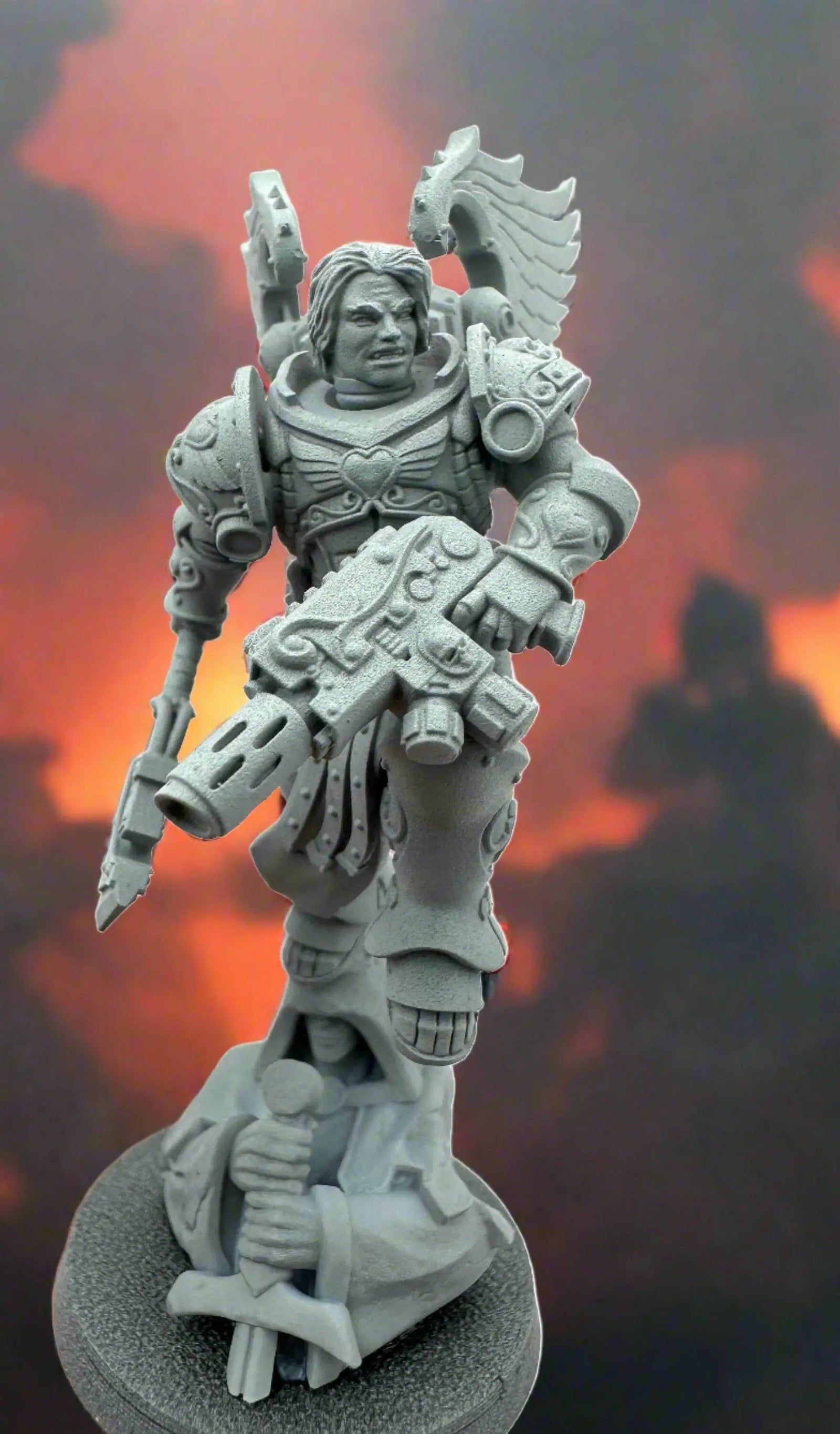 3D printed Darius of the Crimson Wings model by Last Hope Miniatures, detailed fantasy miniature with vibrant red and gold accents.