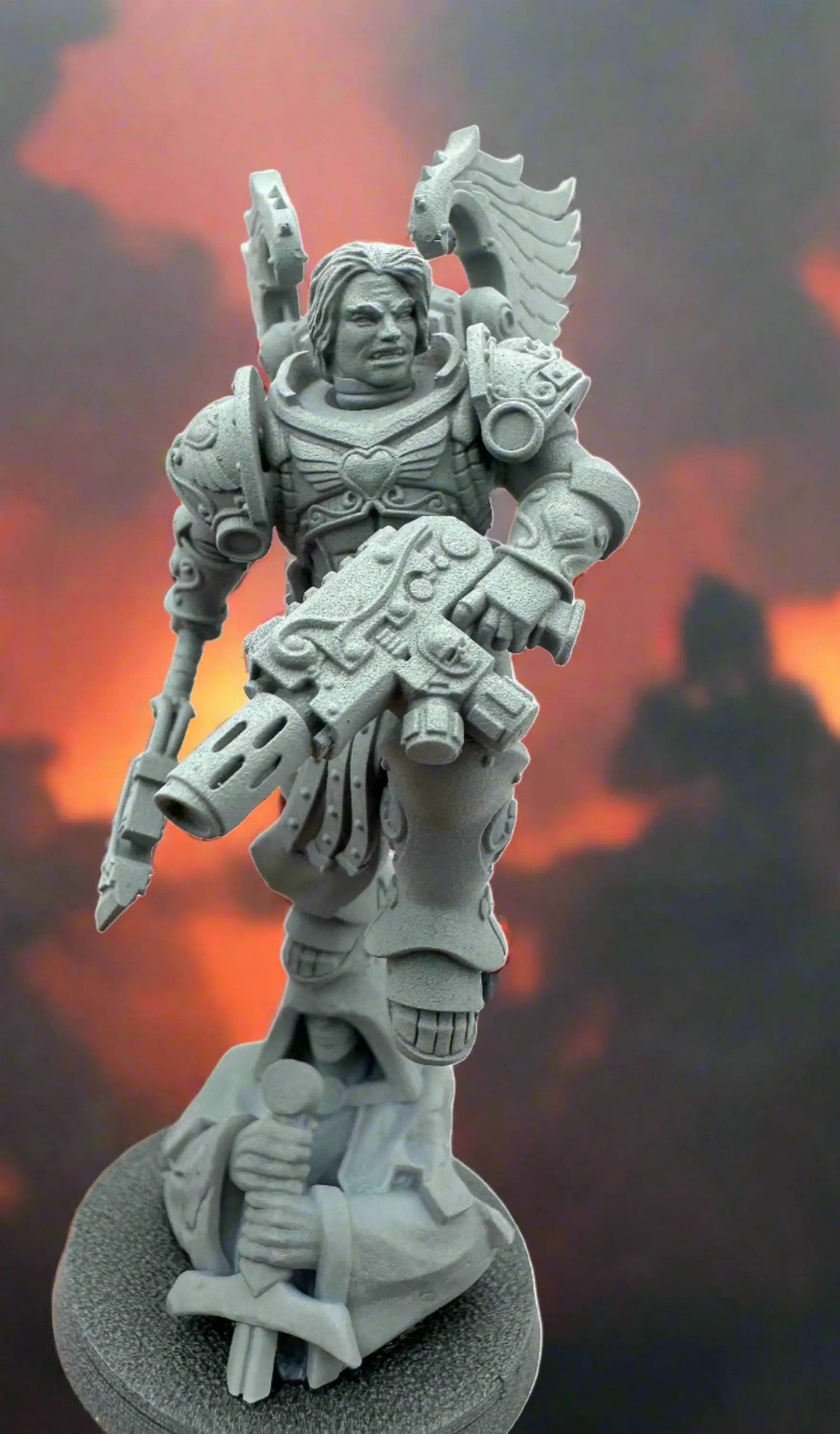 3D printed Darius of the Crimson Wings model by Last Hope Miniatures, detailed fantasy miniature with vibrant red and gold accents.