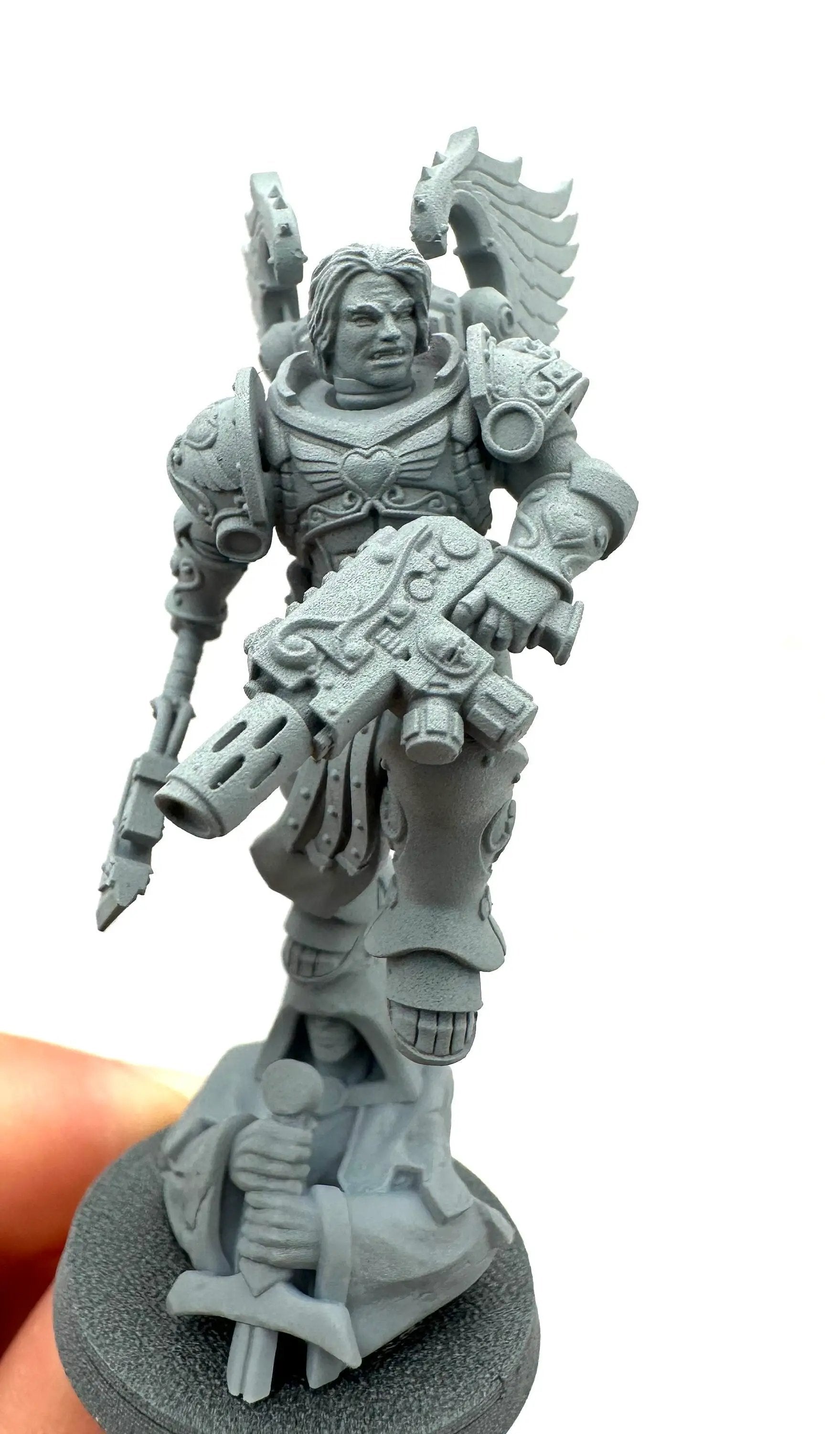 3D printed Darius of the Crimson Wings model by Last Hope Miniatures, featuring detailed wings and armor, painted in vibrant colors.
