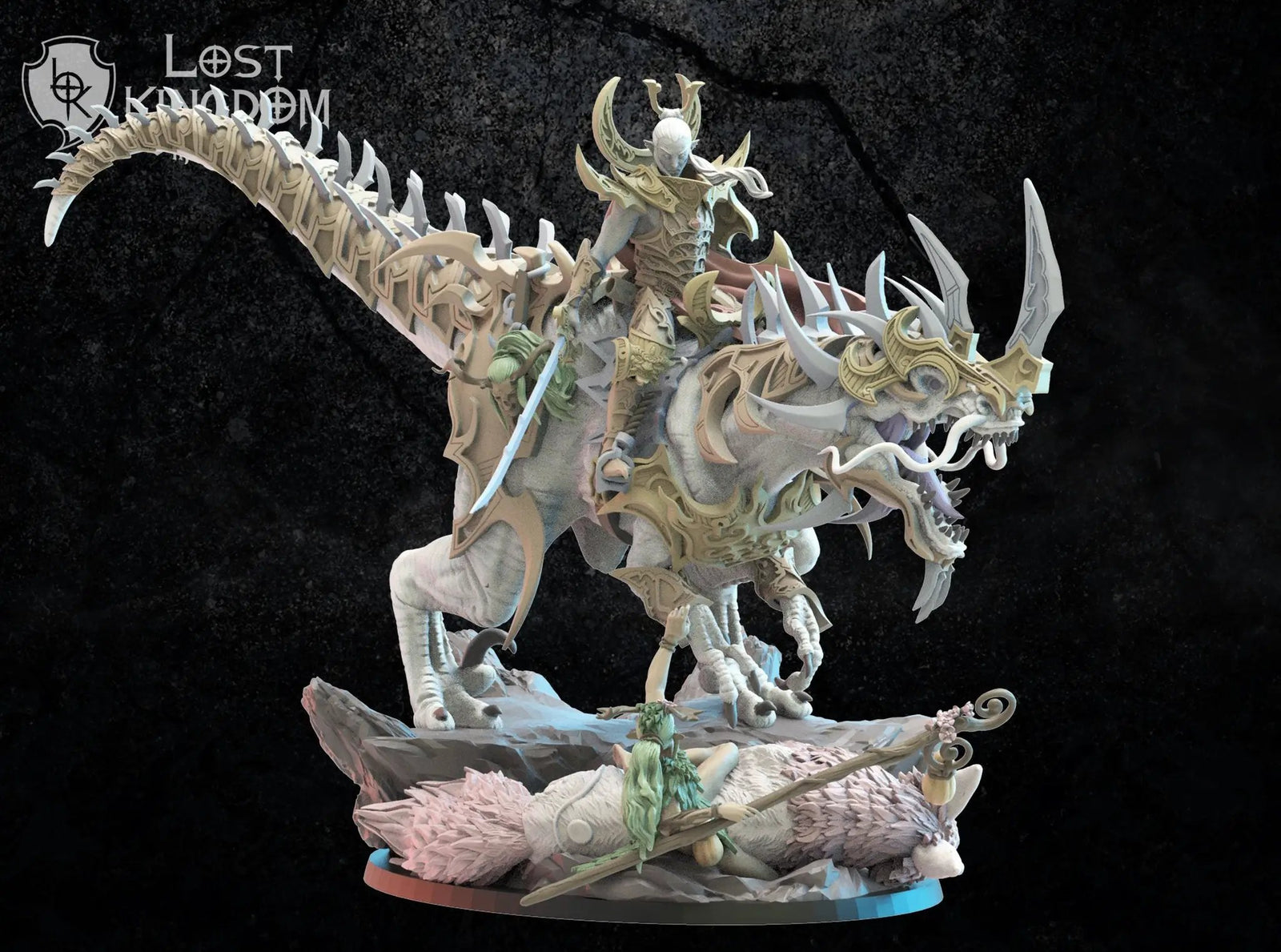 3D printed Dark Elf Ashura the Destroyer model by Lost Kingdom Miniatures, detailed fantasy figure on a stand.