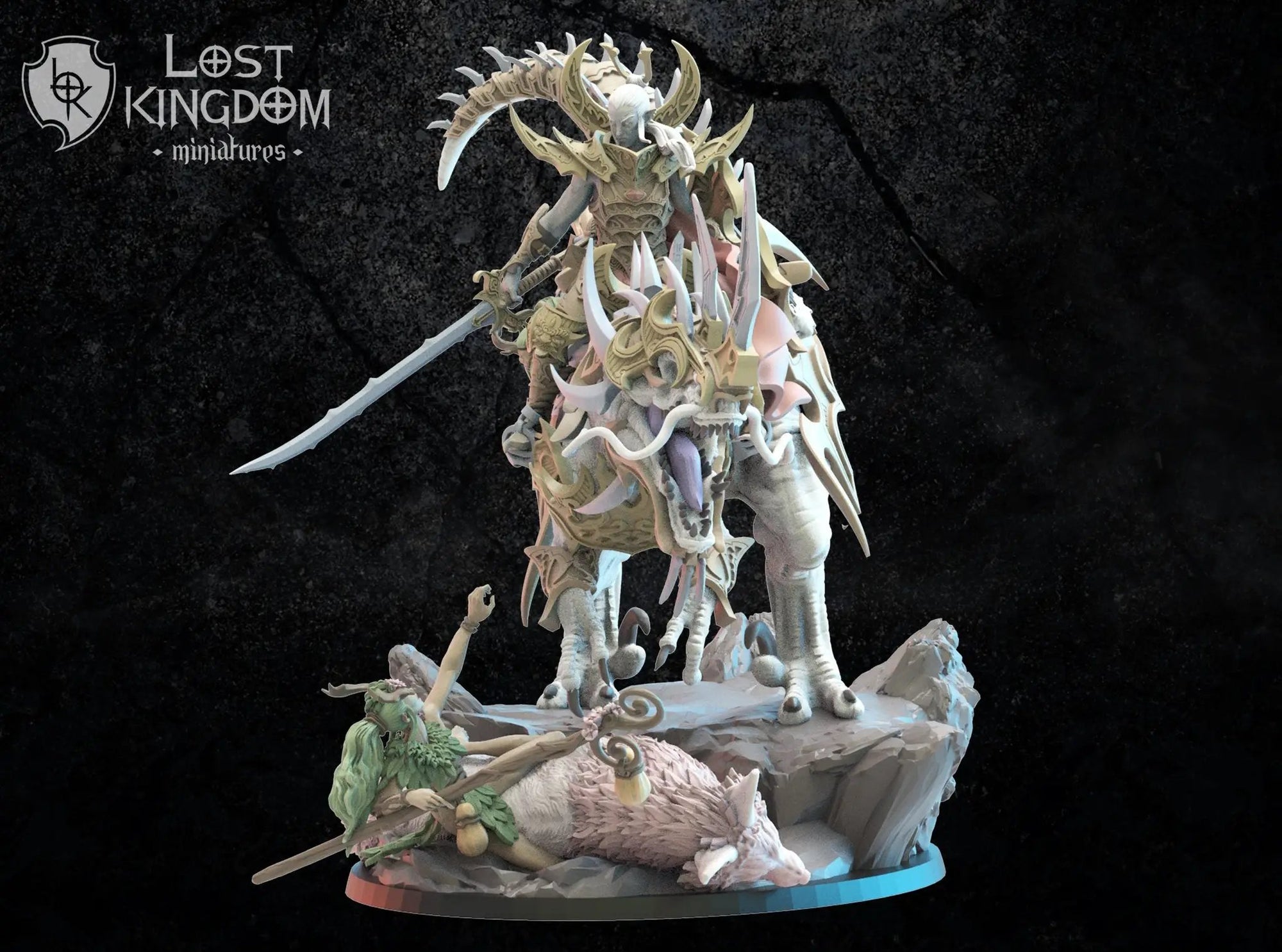 3D printed Dark Elf Ashura the Destroyer model by Lost Kingdom Miniatures, detailed fantasy miniature figure on a display base.