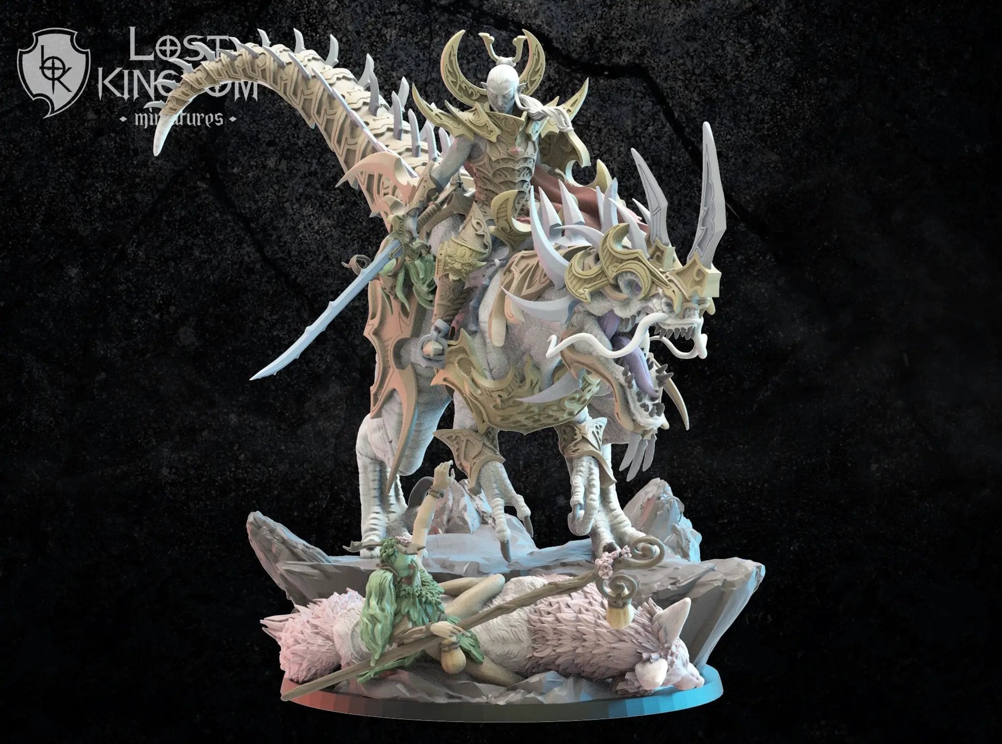 3D printed Dark Elf Ashura the Destroyer model by Lost Kingdom Miniatures, featuring intricate armor and fierce stance.