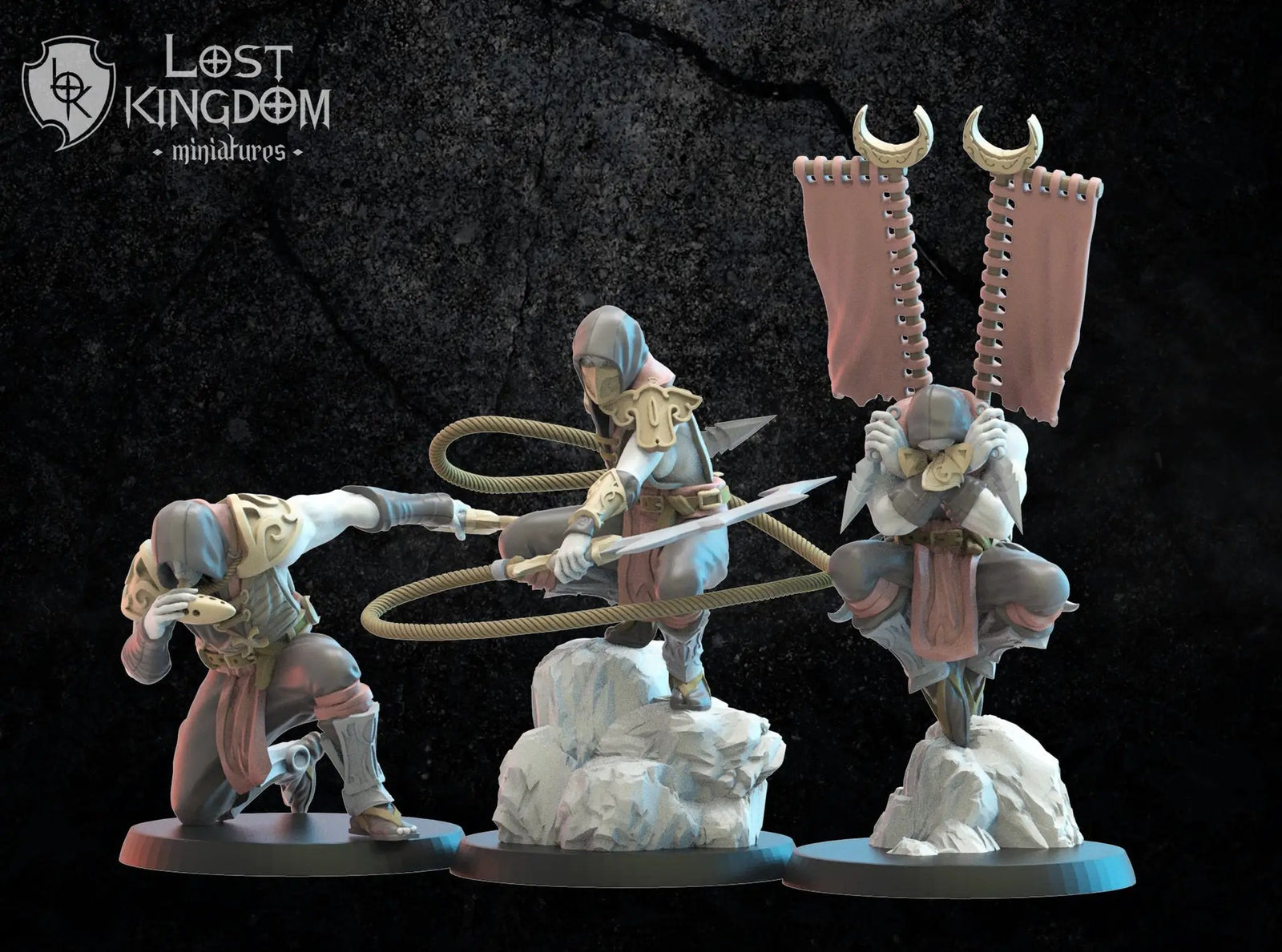 3D printed Dark Elf Dākumūn Shinobi Command Group model by Lost Kingdom Miniatures, featuring intricate dark elf figures with detailed armor.