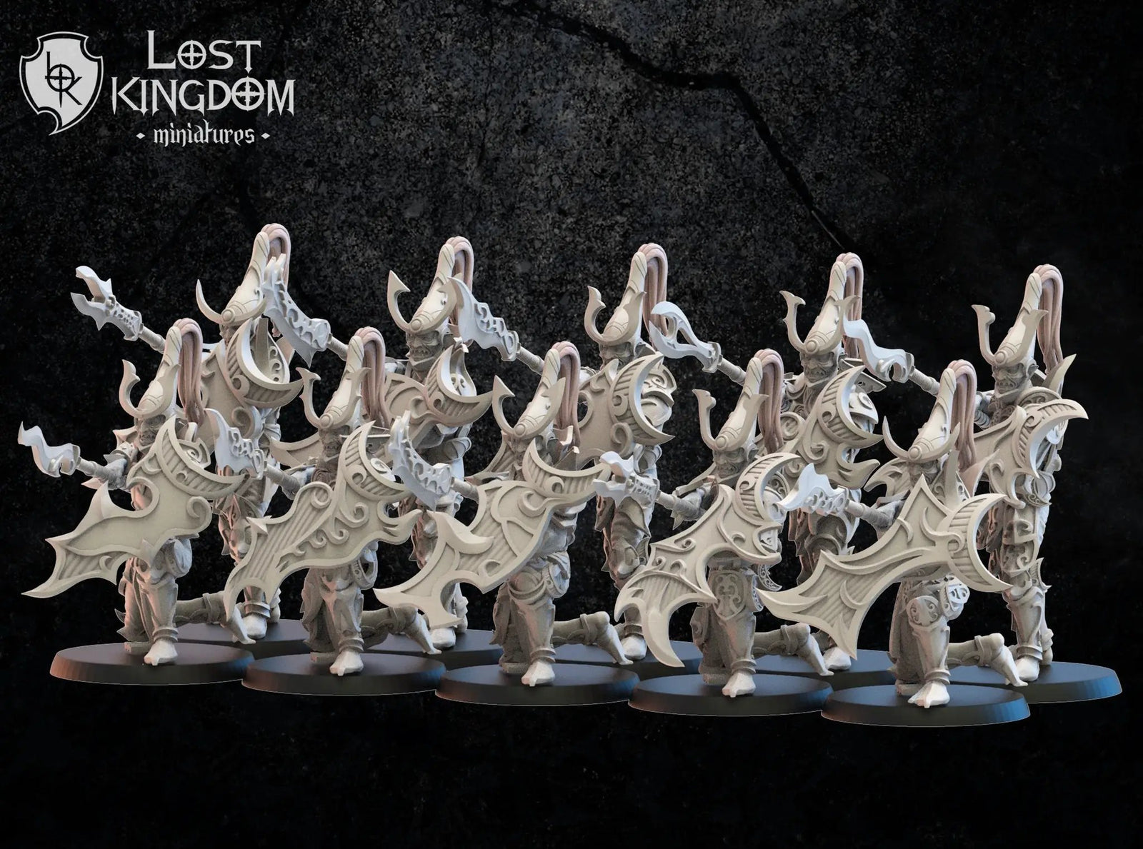 Set of 10 3D printed Dark Elf Foot Soldiers models by Lost Kingdom Miniatures, featuring detailed fantasy warrior figures.