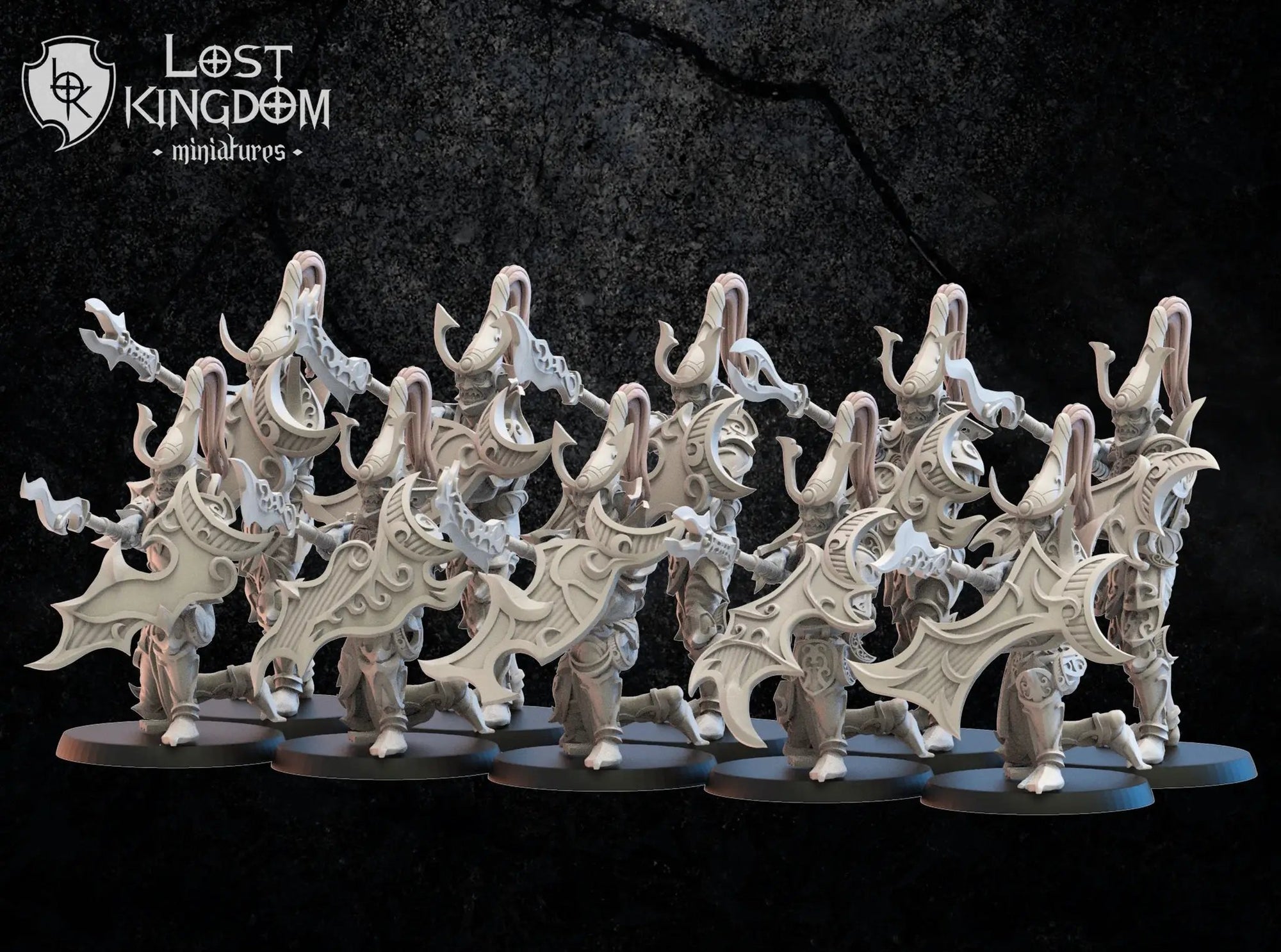 Set of 10 3D printed Dark Elf Foot Soldiers models by Lost Kingdom Miniatures, featuring detailed fantasy warrior figures.