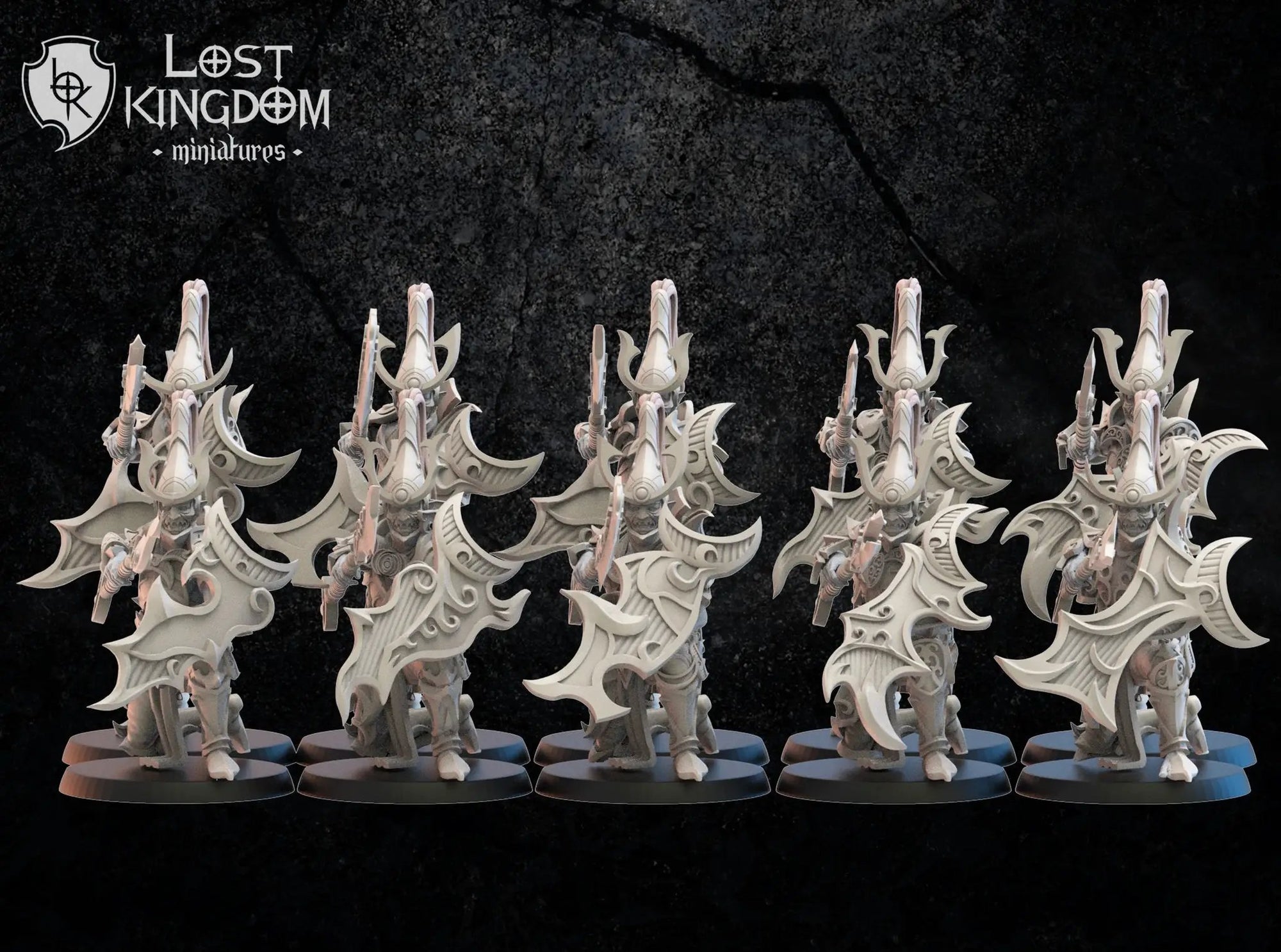 Group of 10 3D-printed Dark Elf Foot Soldiers models by Lost Kingdom Miniatures, detailed fantasy miniatures for tabletop gaming.