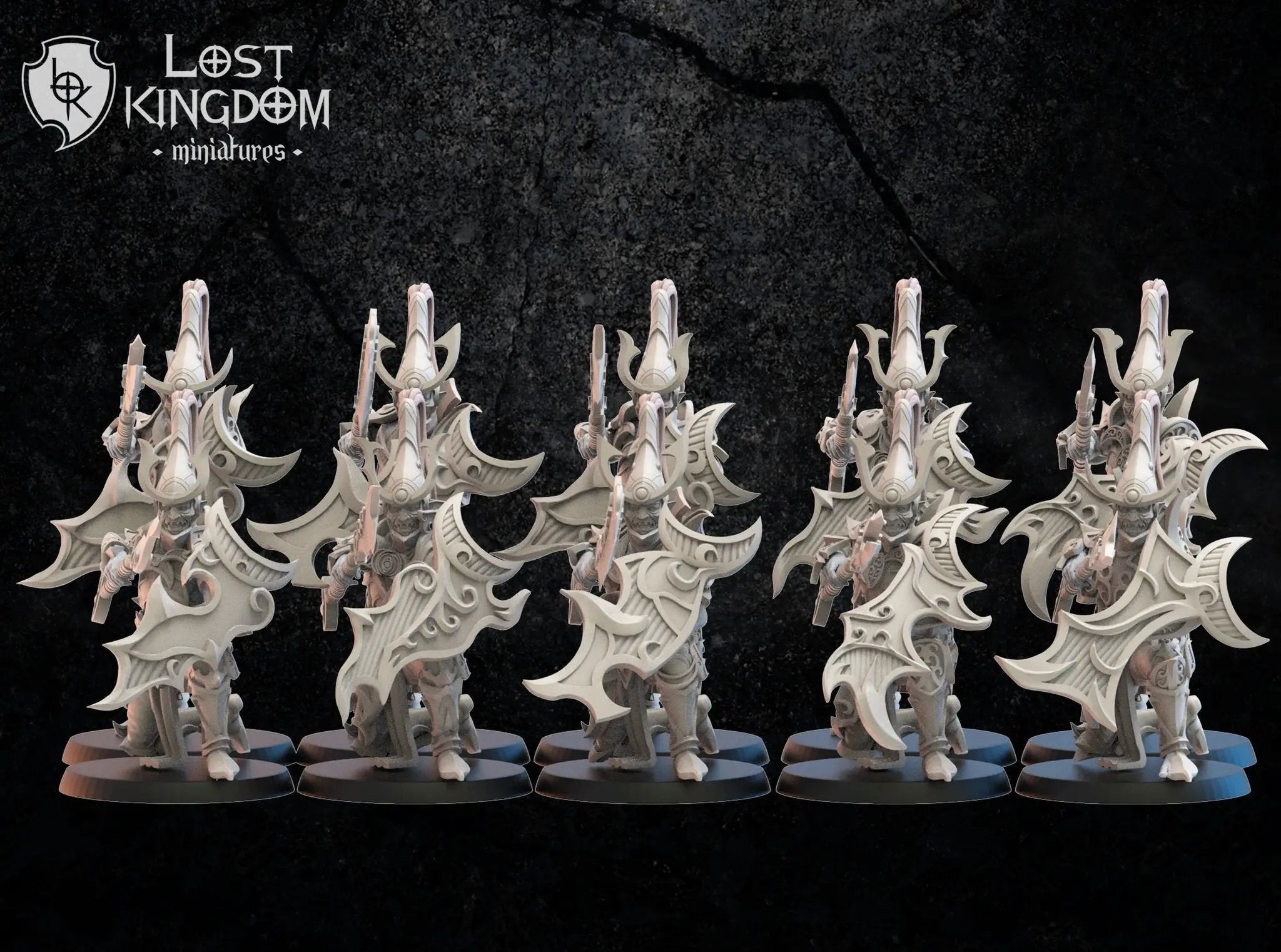 Group of 10 3D-printed Dark Elf Foot Soldiers models by Lost Kingdom Miniatures, detailed fantasy miniatures for tabletop gaming.