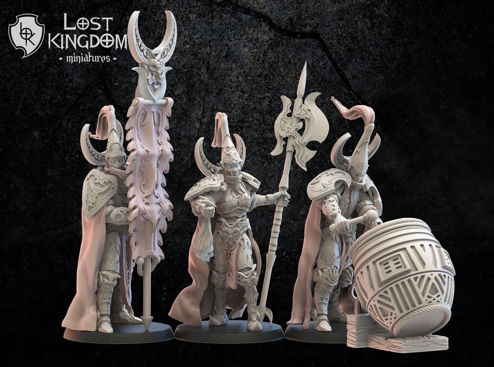 3D printed Dark Elf Hisu Guard Command Group model by Lost Kingdom Miniatures, featuring detailed dark elf figures in armor and weapons.