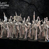 Three 3D-printed Dark Elf Hisu Guard models by Last Hope Miniatures, detailed black fantasy miniature figures.