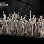 Three 3D-printed Dark Elf Hisu Guard models by Last Hope Miniatures, detailed black fantasy miniature figures.