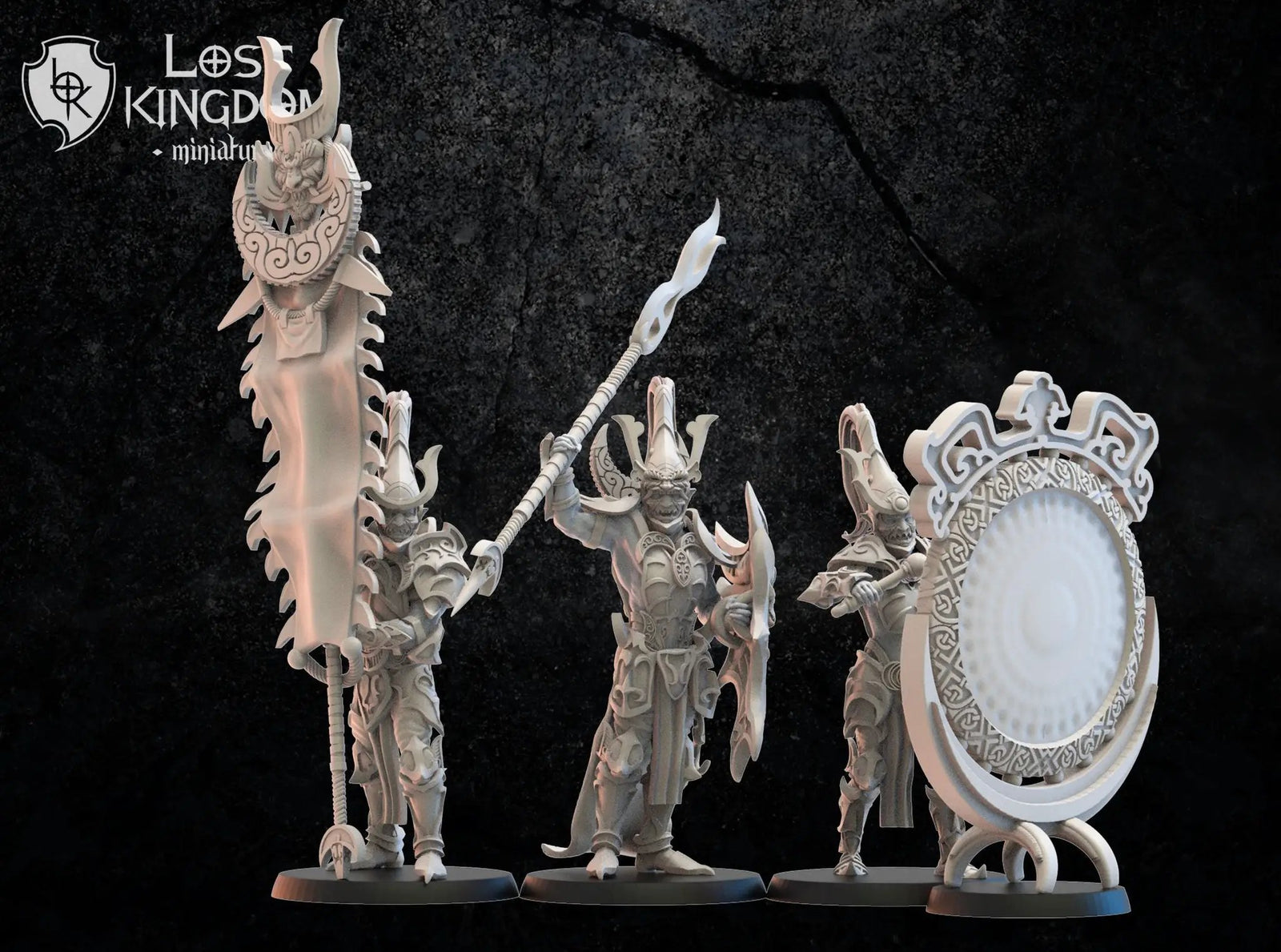 3D printed Dark Elves Command Squad model by Lost Kingdom Miniatures, featuring detailed figures with weapons and armor.
