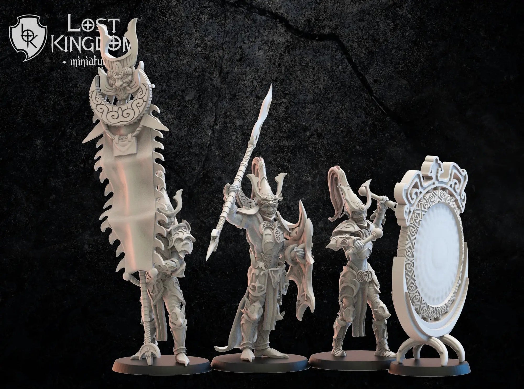 3D printed Dark Elves Command Squad model by Last Hope Miniatures, featuring detailed dark elf figures with weapons and armor.
