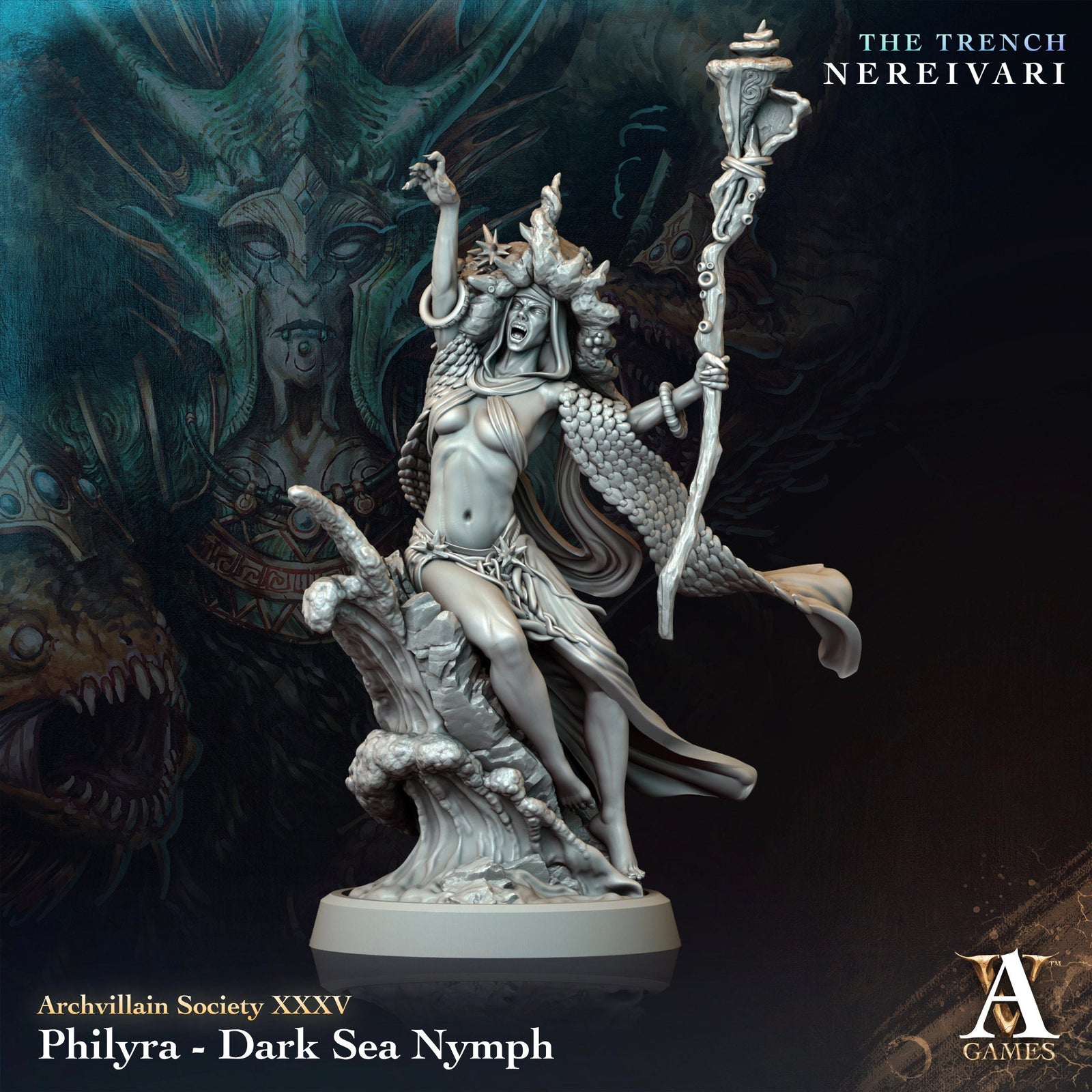 3D printed Dark Sea Nymph model by Archvillain Games, detailed miniature from Last Hope Miniatures collection.