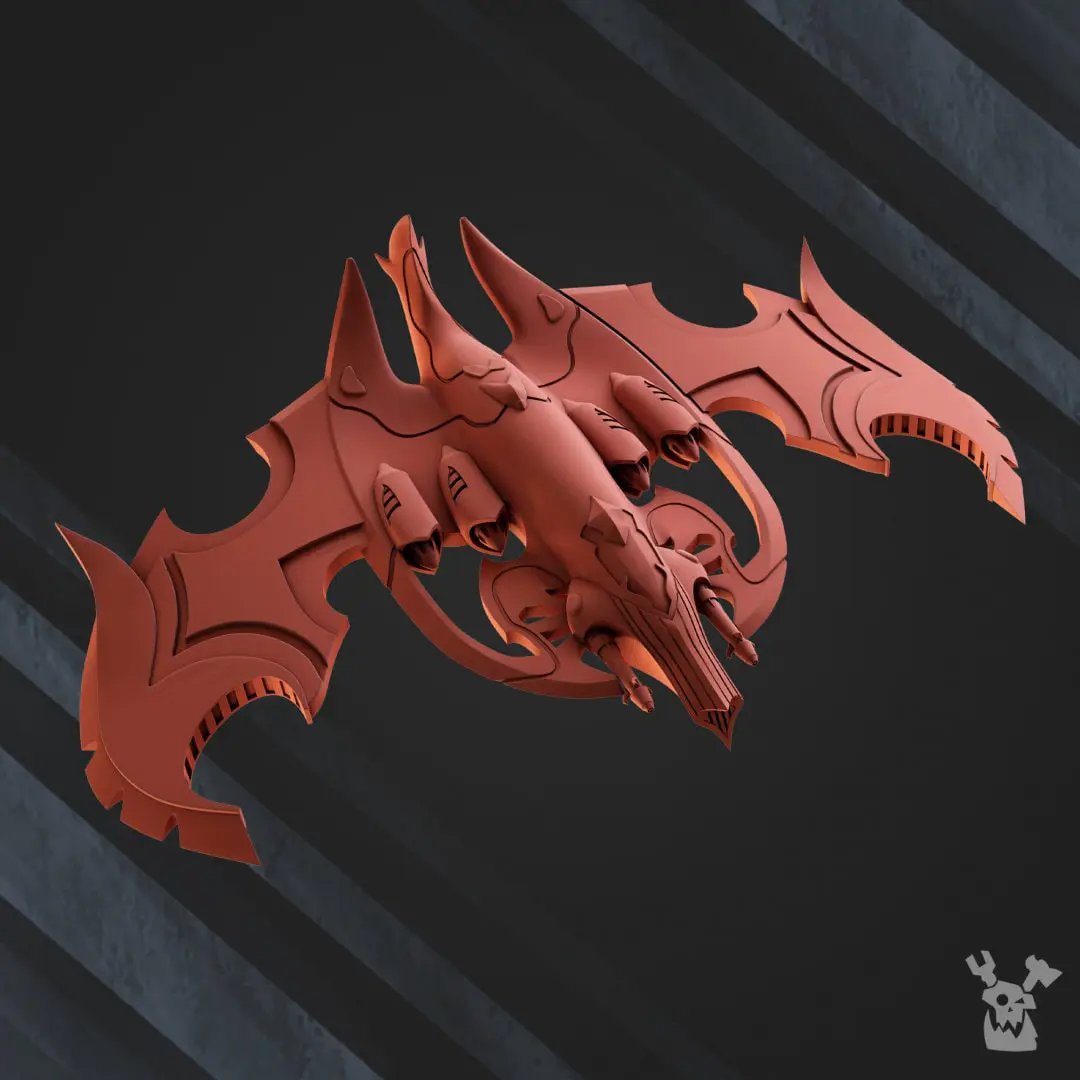3D printed Darkvoid Bomber model by DakkaDakka Miniatures, detailed spaceship with dark coloration from Last Hope Miniatures.