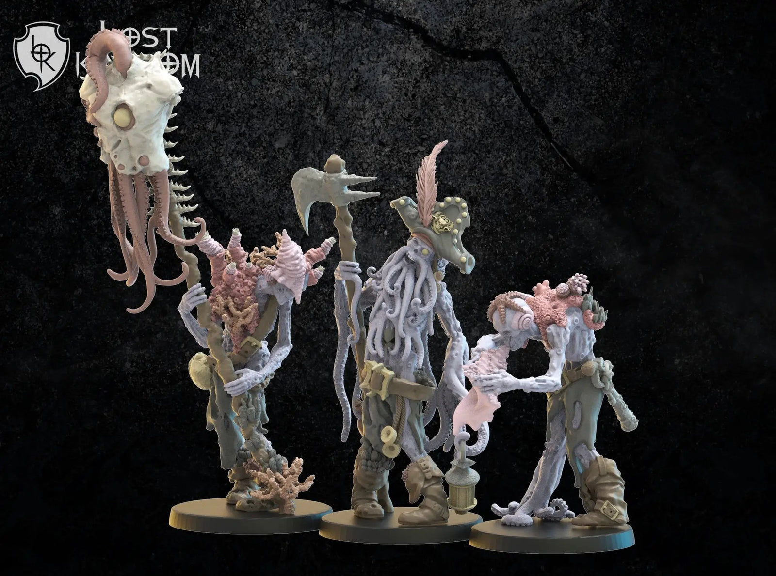 3D printed Deep Sea Zombie Command Squad model by Lost Kingdom Miniatures, featuring detailed zombie figures in underwater military gear.