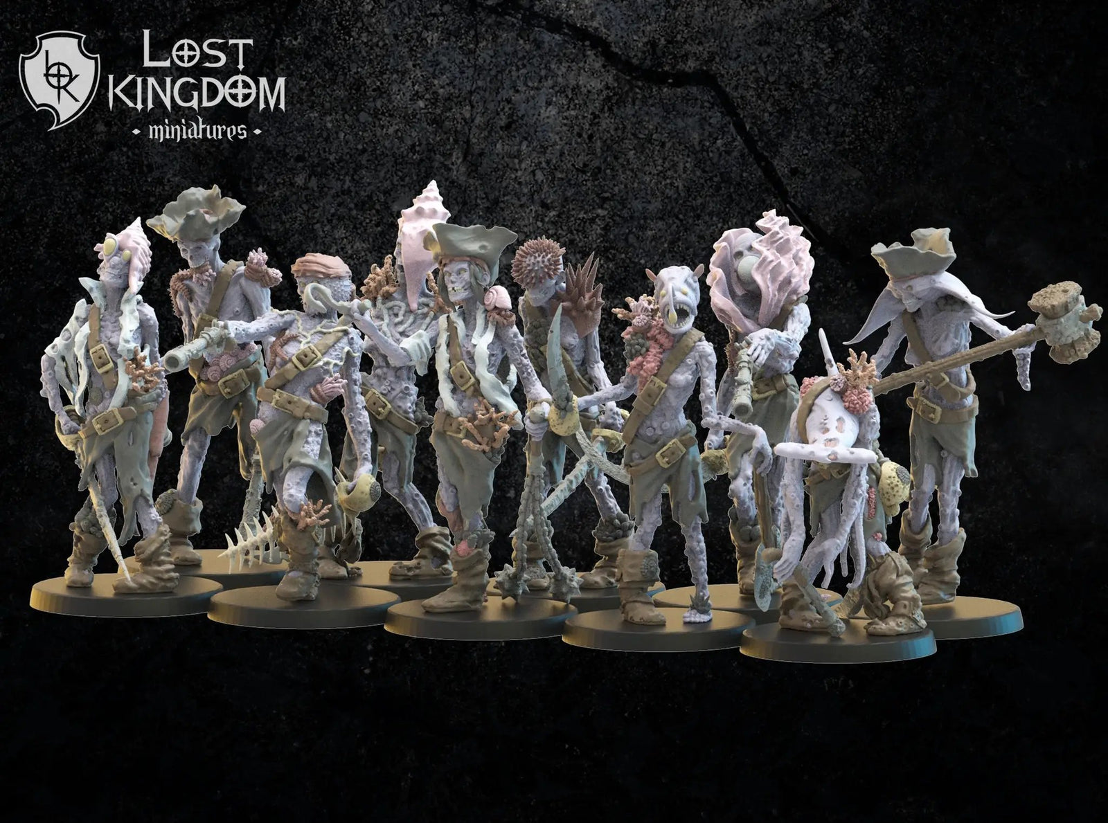 Ten 3D printed deep sea zombie models by Lost Kingdom Miniatures, featuring detailed underwater undead figures.