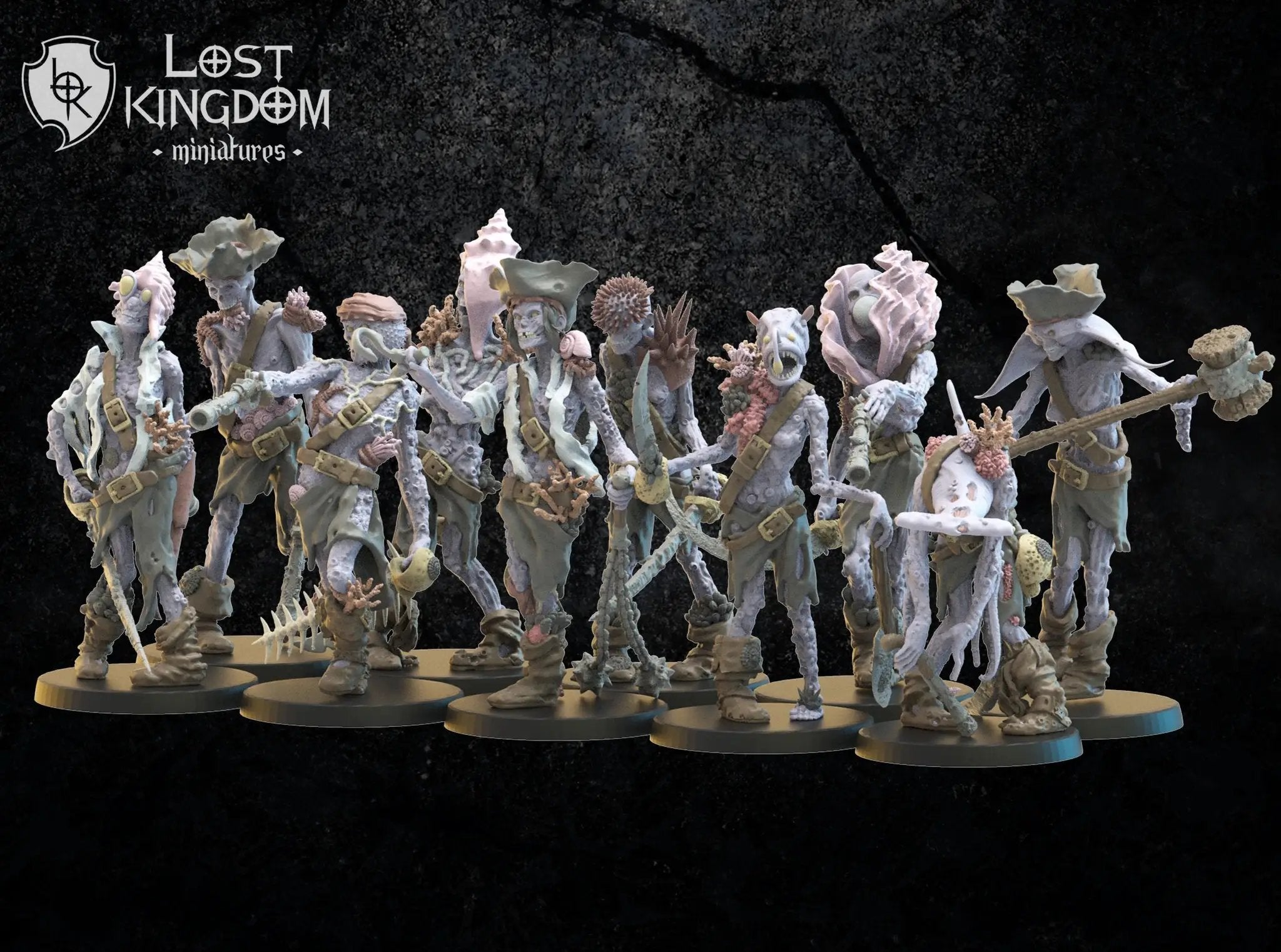 Ten 3D printed deep sea zombie models by Lost Kingdom Miniatures, featuring detailed underwater undead figures.