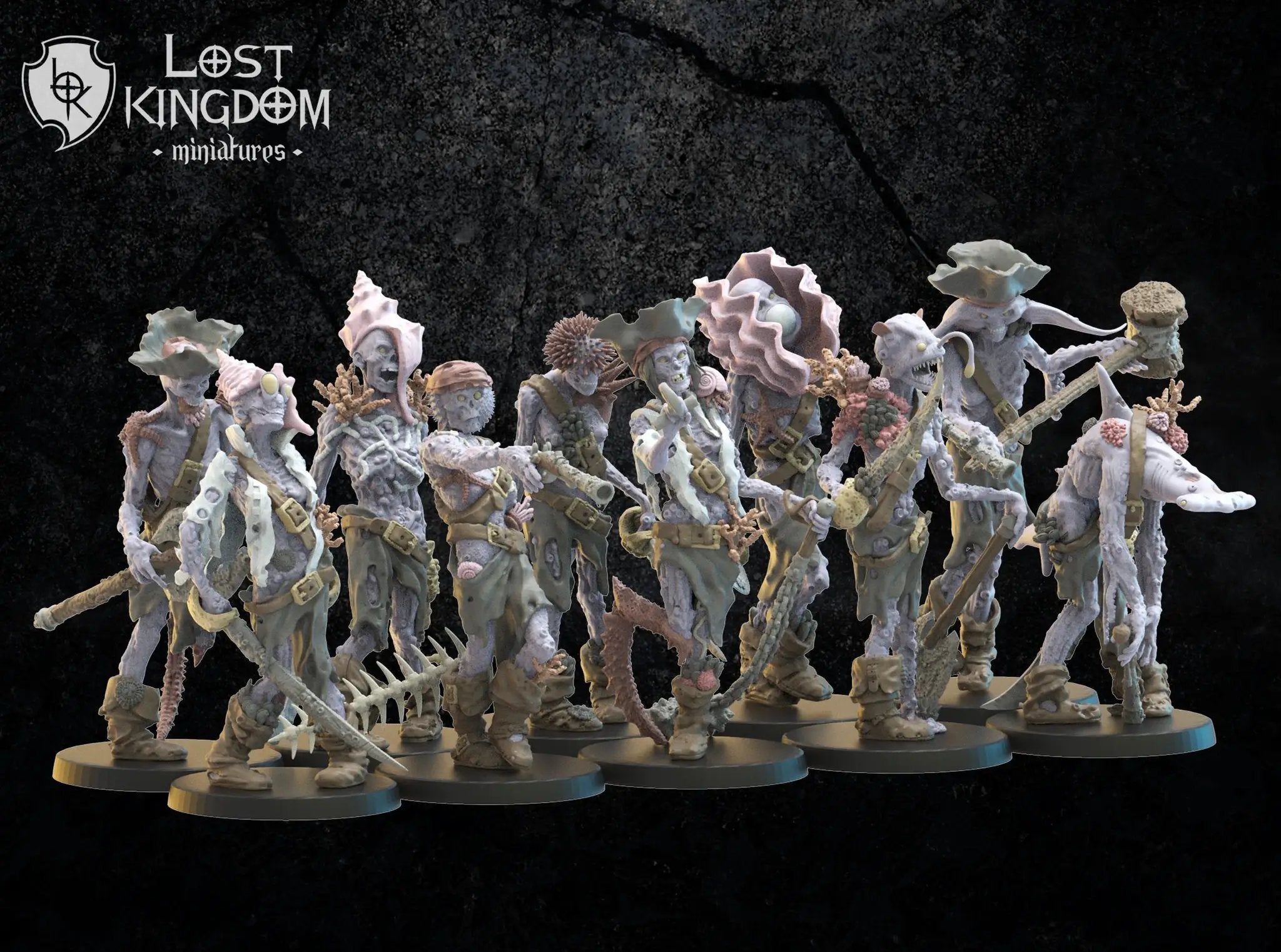 Group of 3D printed deep sea zombie models by Lost Kingdom Miniatures, featuring detailed undead figures for tabletop gaming.
