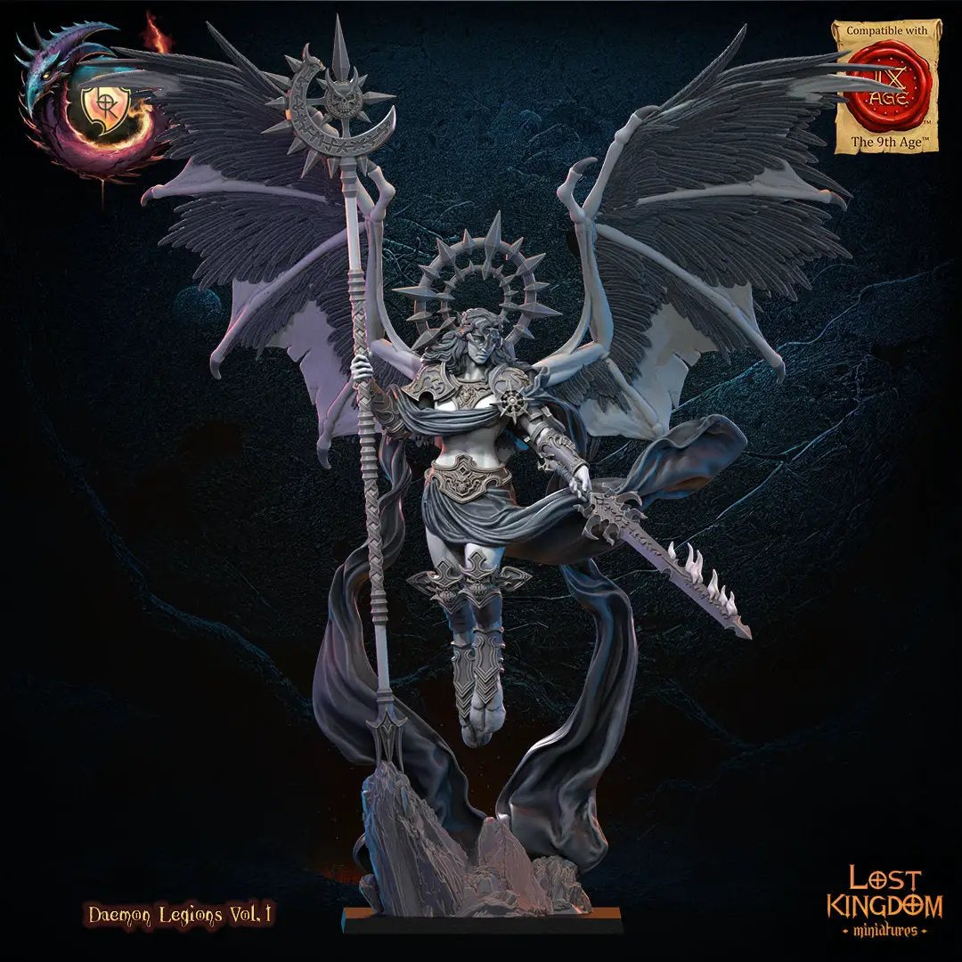 3D printed Demon Courtesan model by Lost Kingdom Miniatures, detailed fantasy figure with intricate designs and dynamic pose.