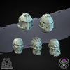 Set of ten 3D printed Demon Hunters battle helmets by Last Hope Miniatures, detailed miniatures for tabletop gaming.