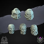 Set of ten 3D printed Demon Hunters battle helmets by Last Hope Miniatures, detailed miniatures for tabletop gaming.