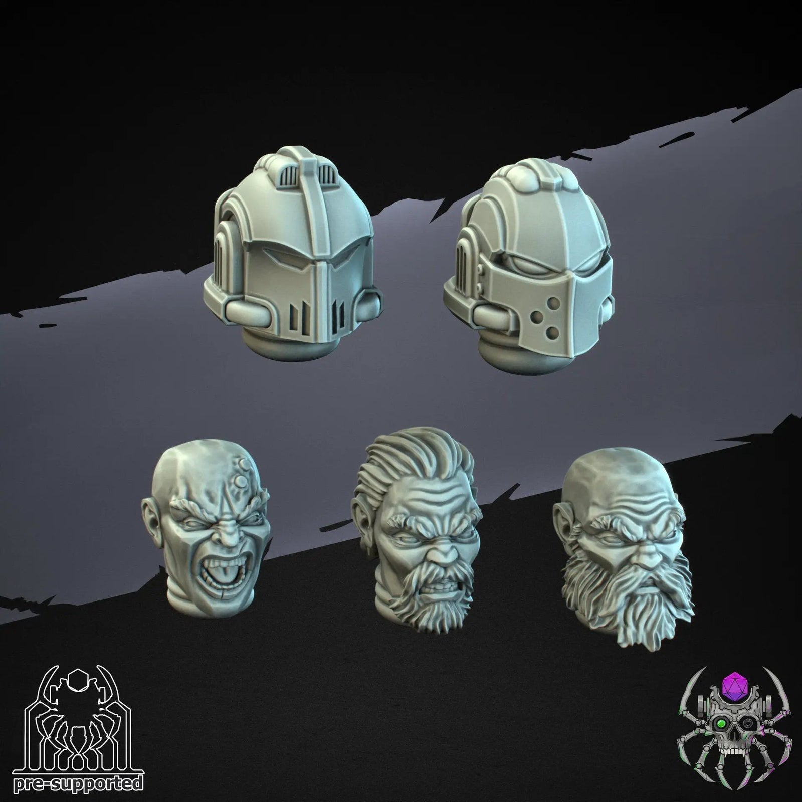 Set of ten 3D printed Demon Hunters battle helmets by Last Hope Miniatures, detailed miniatures for tabletop gaming.