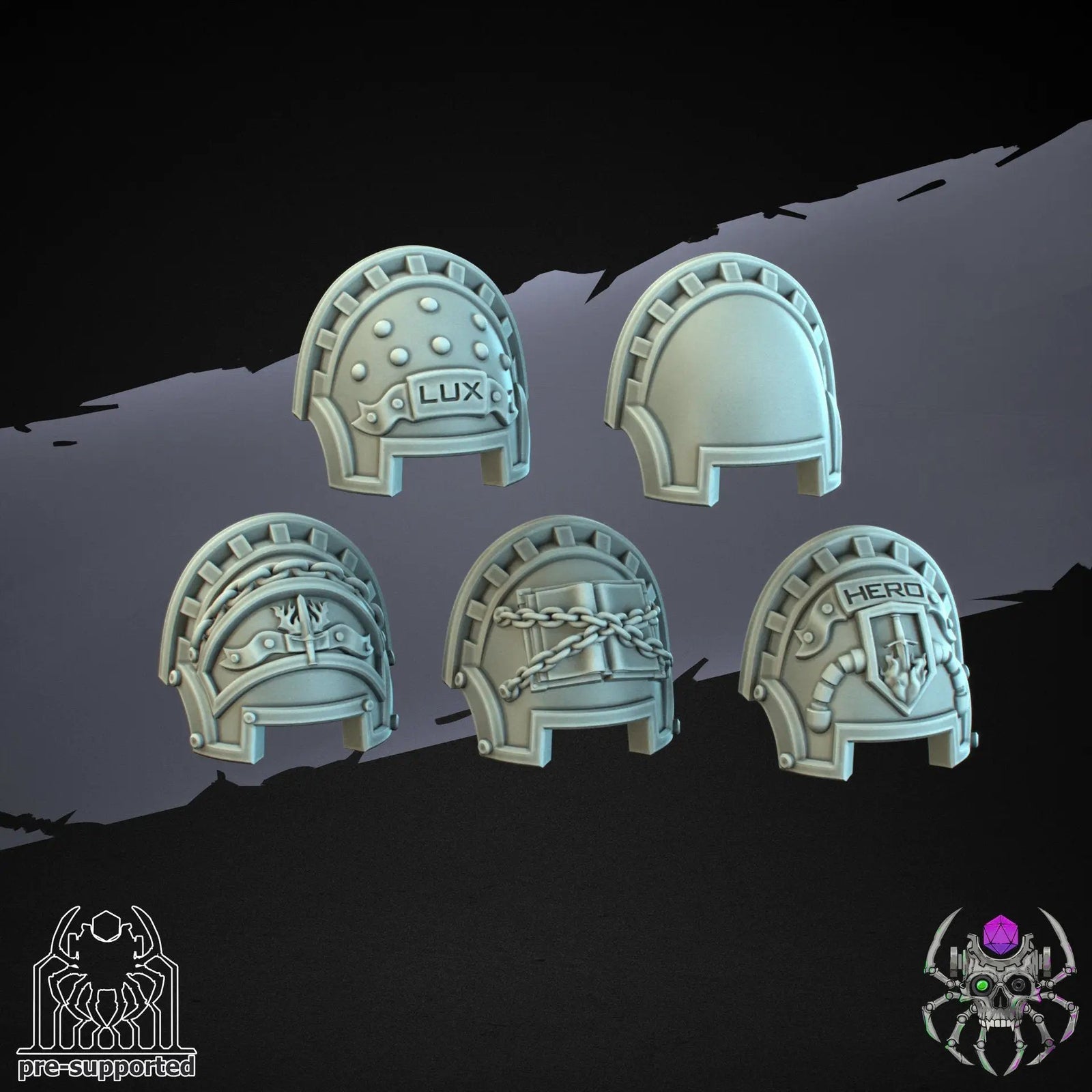 Ten 3D printed Demon Hunters shoulders models by Last Hope Miniatures, detailed fantasy miniatures for tabletop gaming.