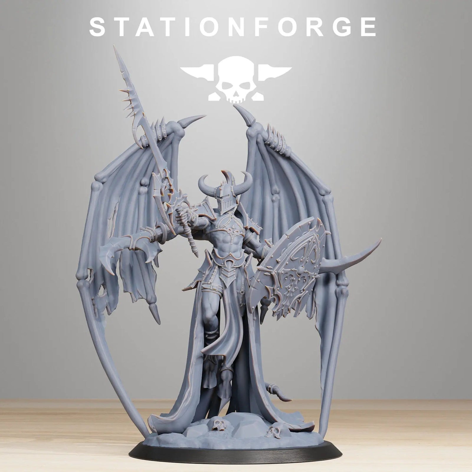 3D printed Demon Queen model by StationForge Miniatures, detailed fantasy figure with intricate armor and menacing pose.