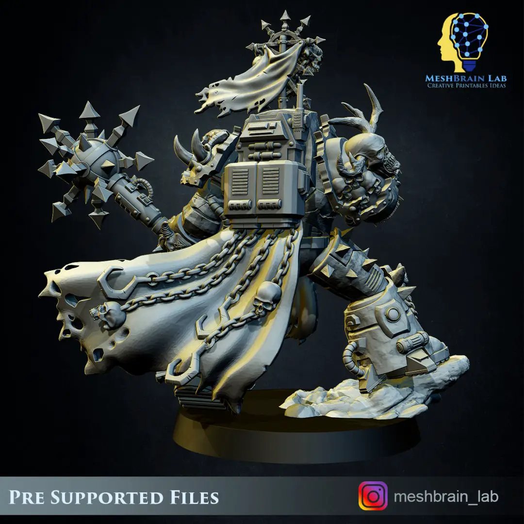 3D printed Doom Marine Chosen model by Meshbrain Labs, detailed miniature figure with intricate armor and weapon design.
