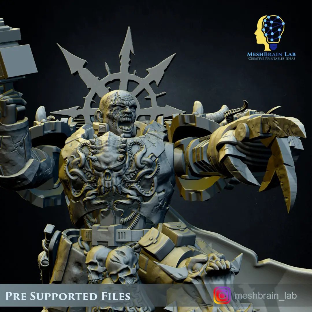 3D printed Doom Marine Commander model by Meshbrain Labs, detailed miniature figure from Last Hope Miniatures.