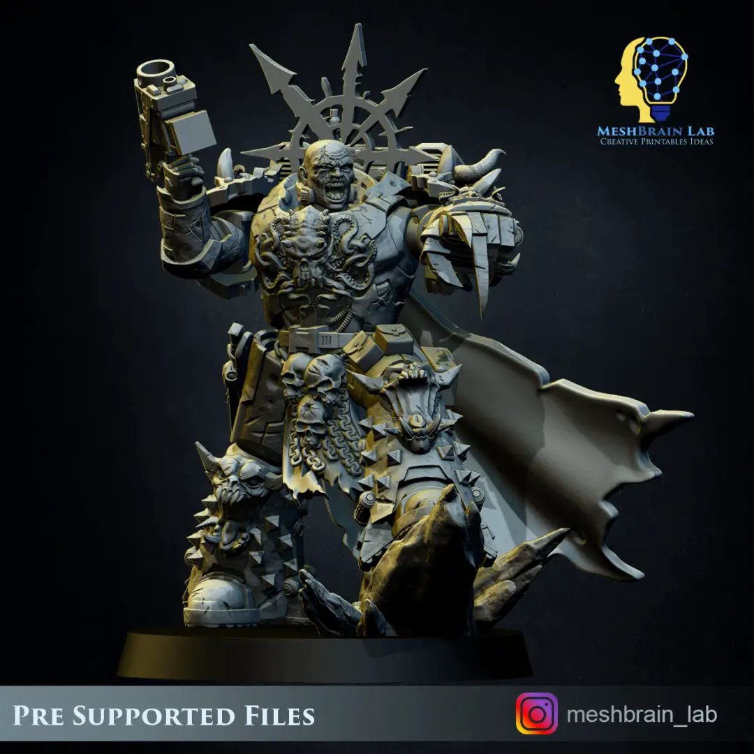 3D printed Doom Marine Commander model by Meshbrain Labs, detailed miniature figure from Last Hope Miniatures.