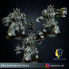 Three 3D-printed Doom Marines in heavy armor, detailed models by Meshbrain Labs for Last Hope Miniatures.
