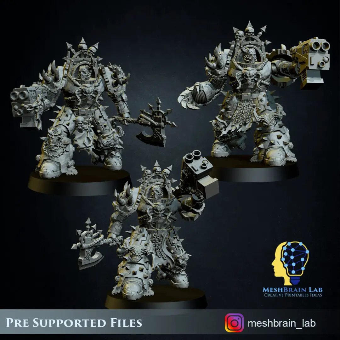 Three 3D-printed Doom Marines in heavy armor, detailed models by Meshbrain Labs for Last Hope Miniatures.