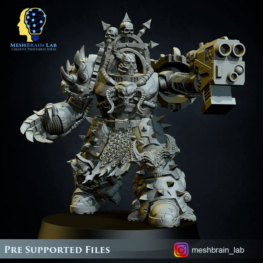 Three 3D printed Doom Marine models in heavy armor by Meshbrain Labs, detailed sci-fi miniatures for tabletop gaming.