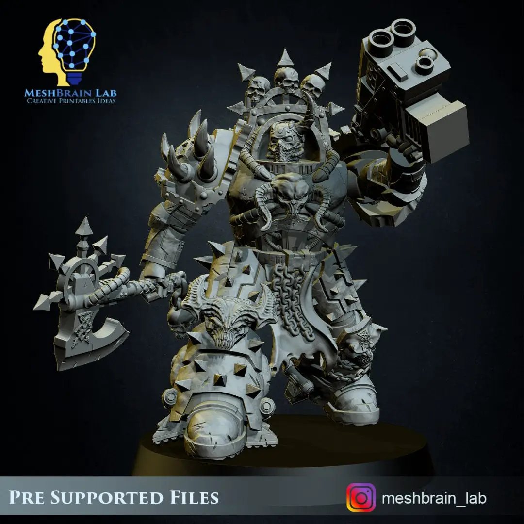Three 3D-printed Doom Marines in heavy armor models by Meshbrain Labs, displayed together in detailed miniature form.