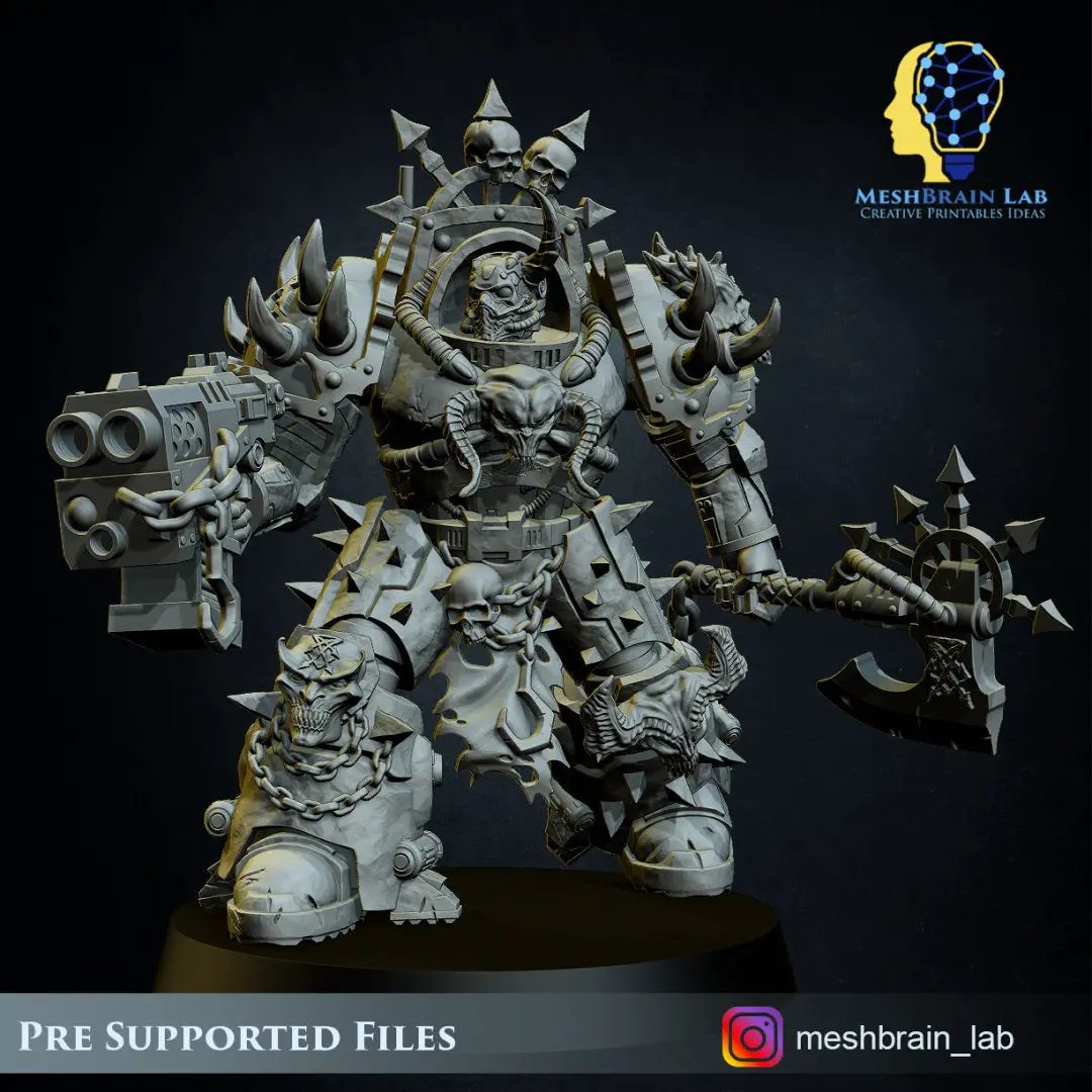 Three 3D printed Doom Marines in heavy armor models by Meshbrain Labs, detailed miniature figures for tabletop gaming.