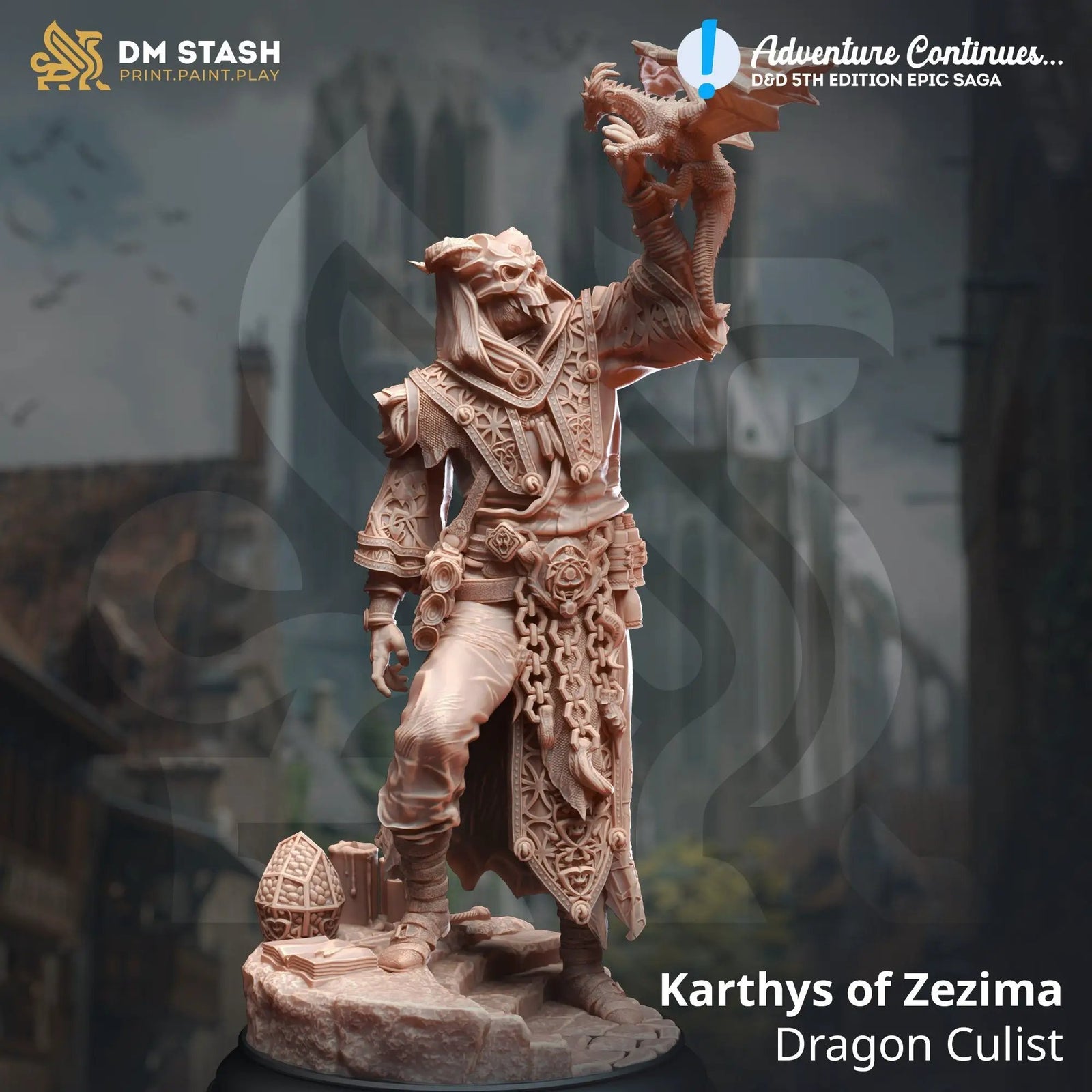 3D printed Dragon Cultist model by Last Hope Miniatures for DM Stash, detailed fantasy figure with dragon-themed armor and staff.
