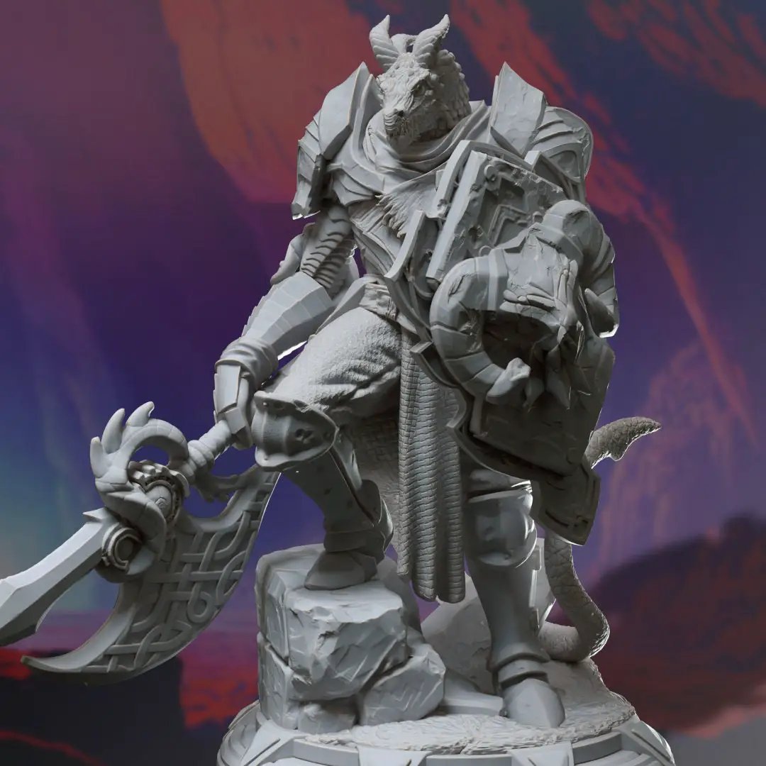 3D printed Dragon Knight model by Last Hope Miniatures for DM Stash, featuring detailed armor and a fierce dragon design.