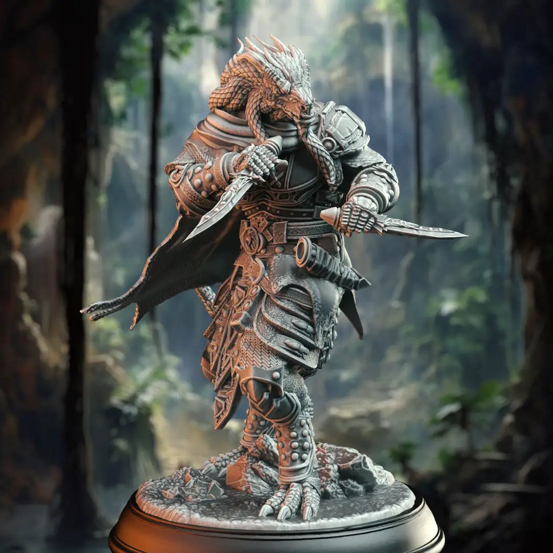 3D printed Dragonborn Assassin Rogue model by Last Hope Miniatures, detailed fantasy figure with armor and weaponry.