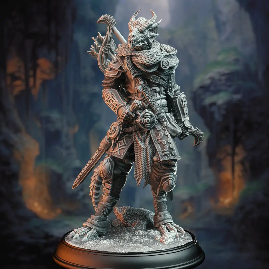 3D printed Dragonborn Drakewarden Ranger model by Last Hope Miniatures, featuring detailed dragonborn figure with armor and bow.