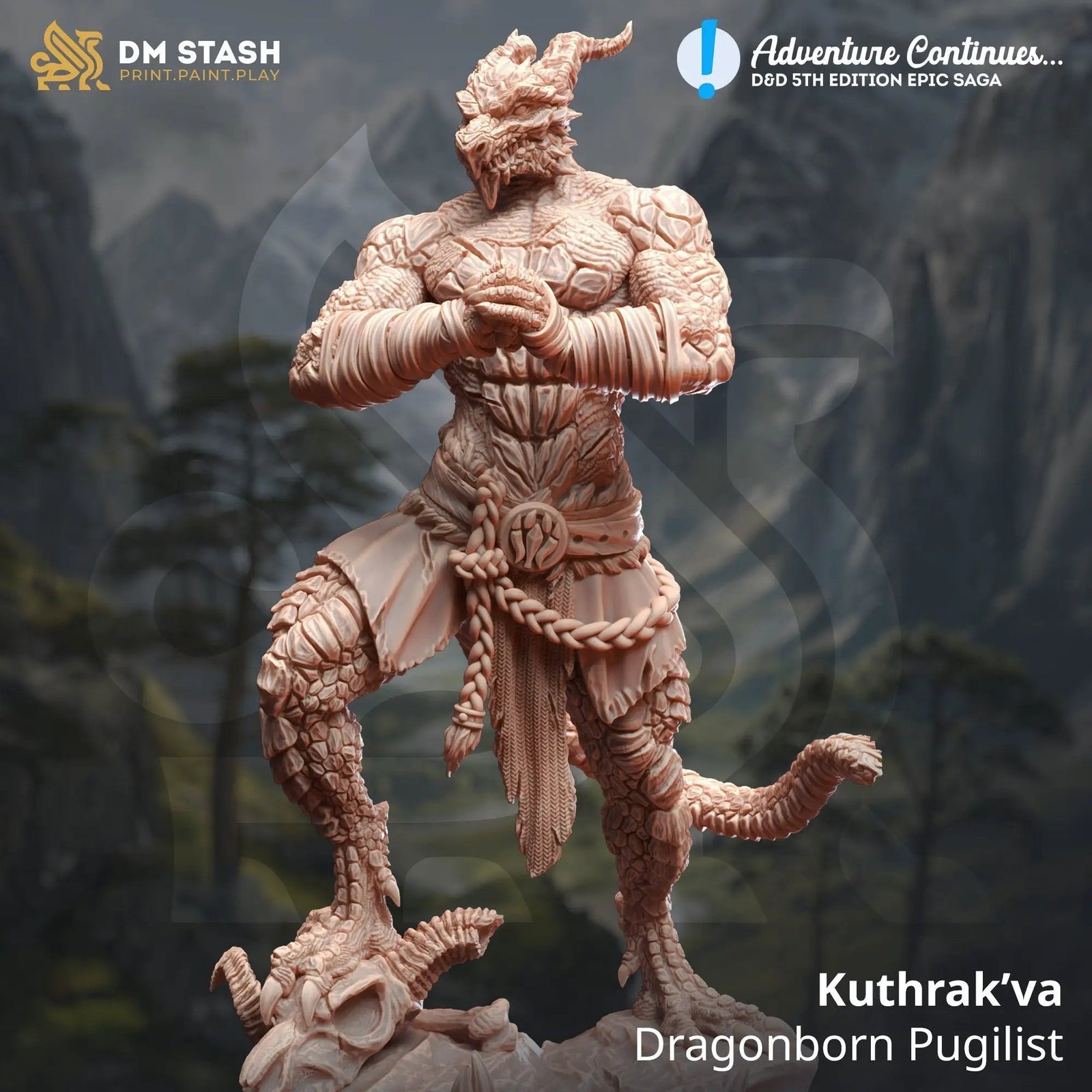3D printed Dragonborn Fighter model by Last Hope Miniatures, featuring detailed scales and armor design for tabletop gaming.