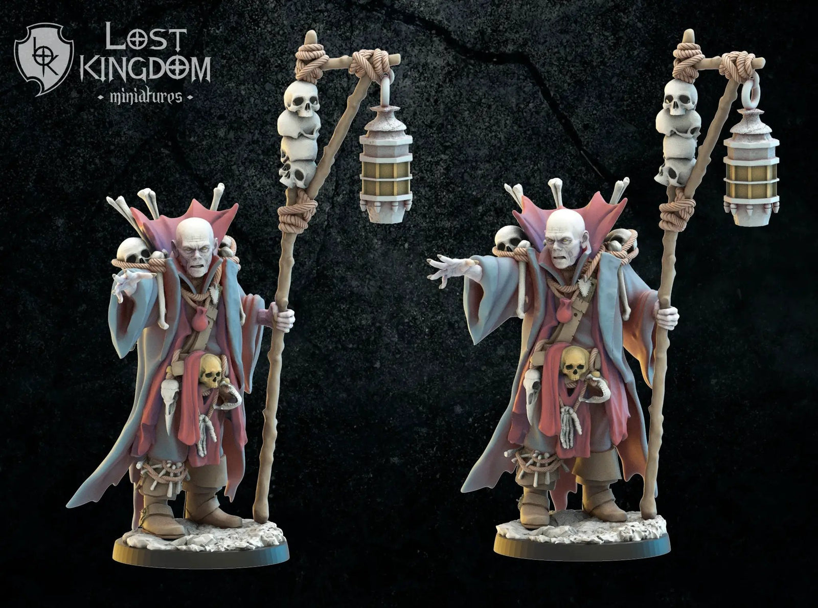 3D printed Dregan "Bones" Necromancer model by Lost Kingdom Miniatures, detailed fantasy figure for tabletop gaming.